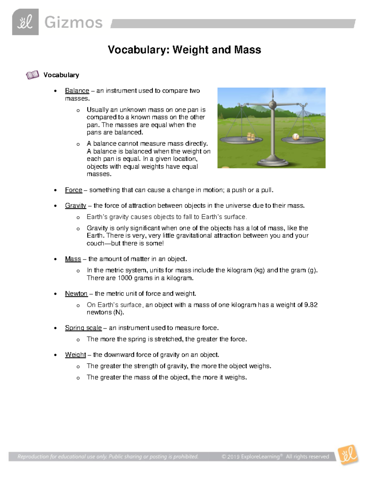 Weight Mass Vocab 2019 Vocabulary Weight and Mass Vocabulary Balance