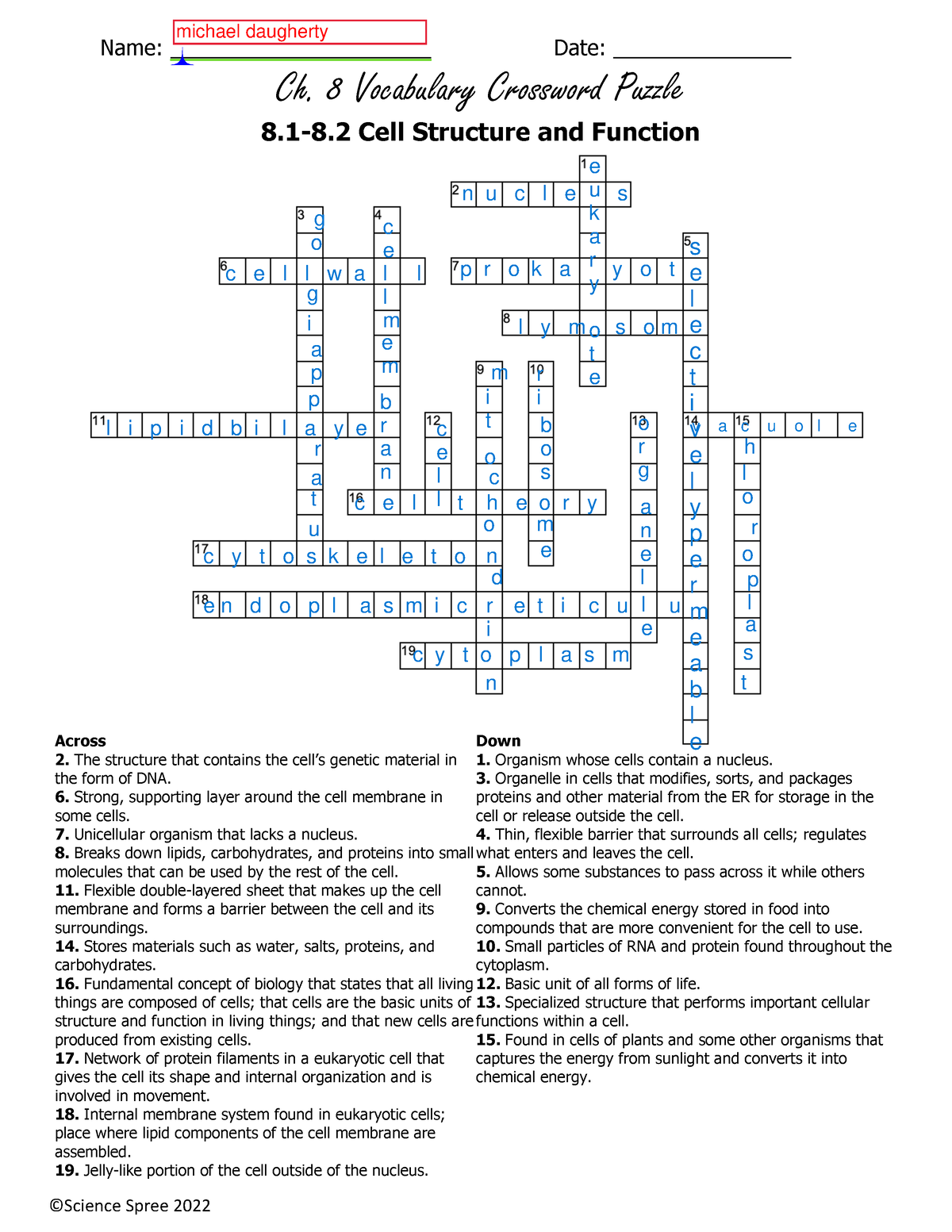 8 1 2 crossword cross word puzzle ©Science Spree 2022 Ch 8