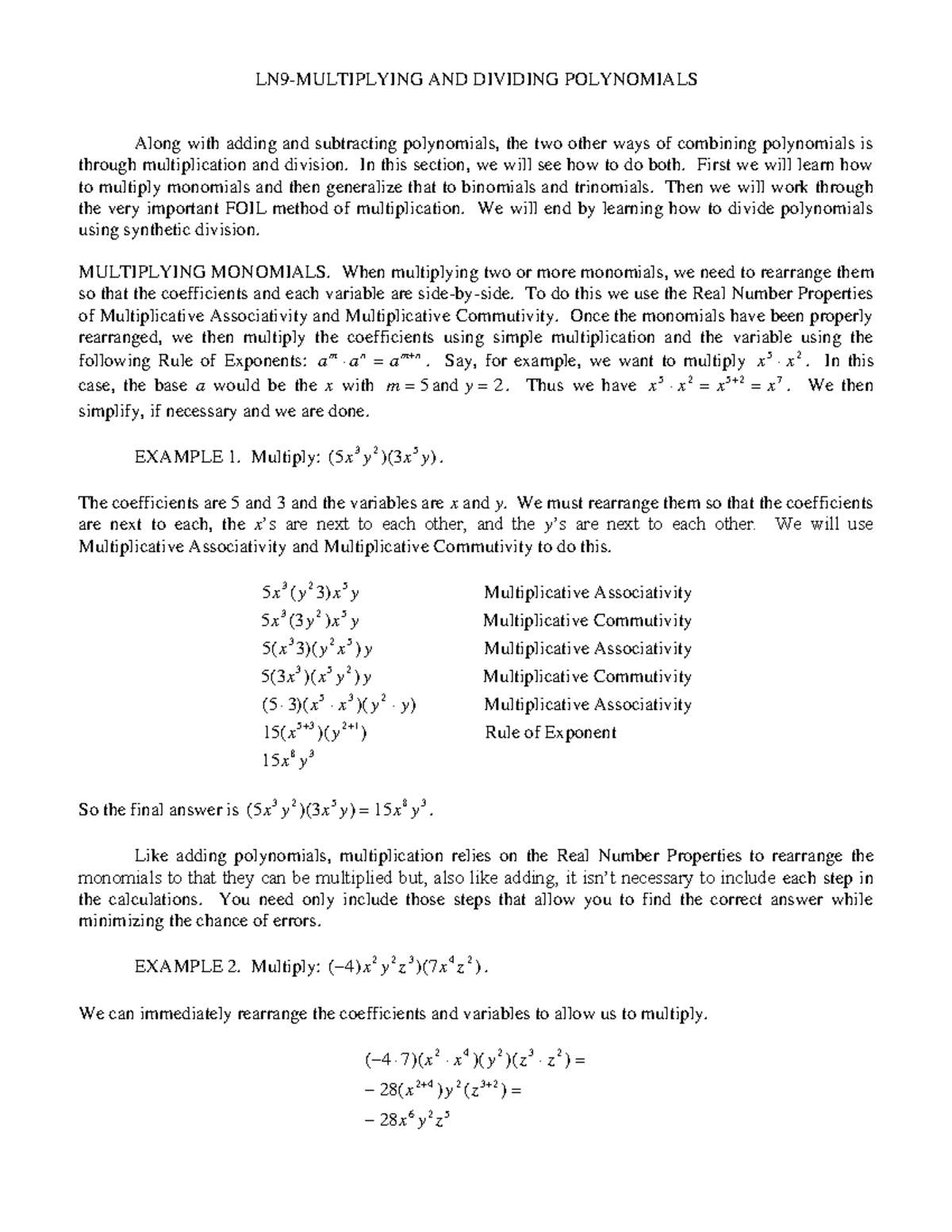 LN9- Multiplying and Dividing Polynomials - LN9-MULTIPLYING AND ...
