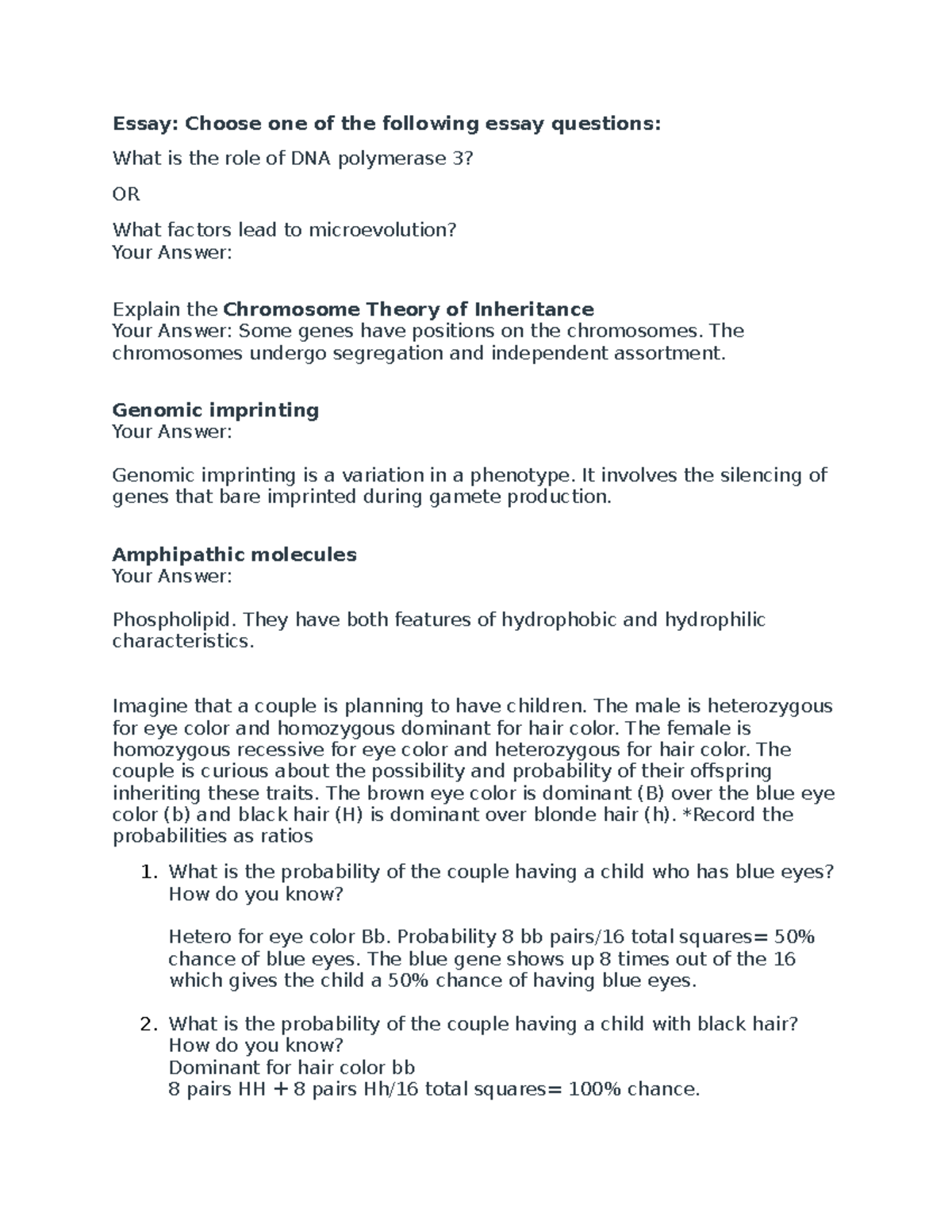 Backup of exam 2 redo - exam for bio 110 - Essay: Choose one of the ...