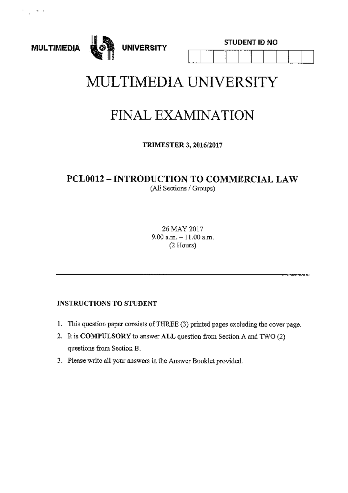 Past Year Examination 2016/2017 - Introduction to Commercial Law - Studocu