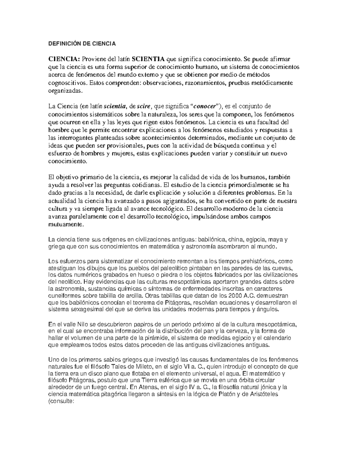 Definición de Ciencia - DEFINICIÓN DE CIENCIA CIENCIA: Proviene del ...