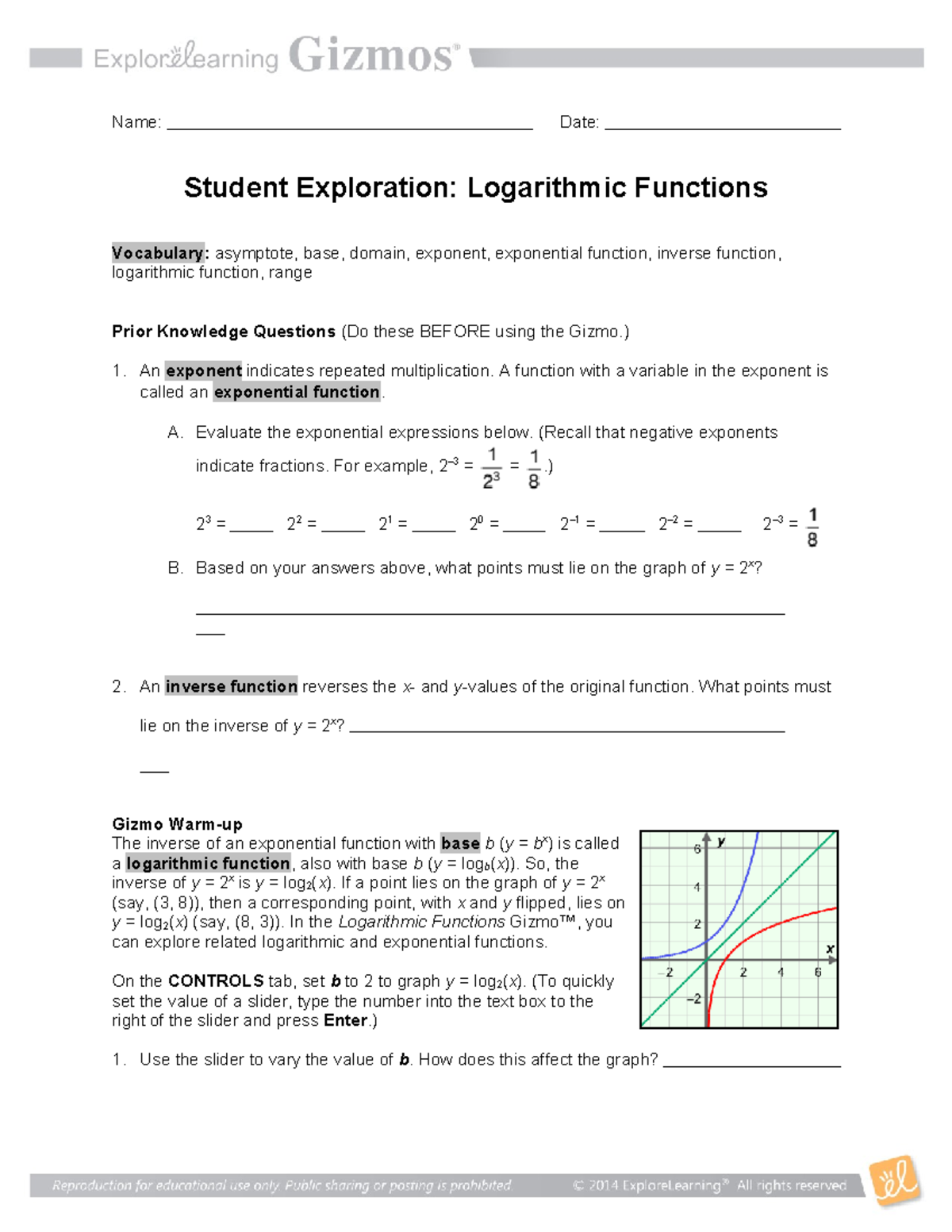 MHF4UUnit3Log Func SE Name Date Student Exploration Logarithmic Functions Vocabulary