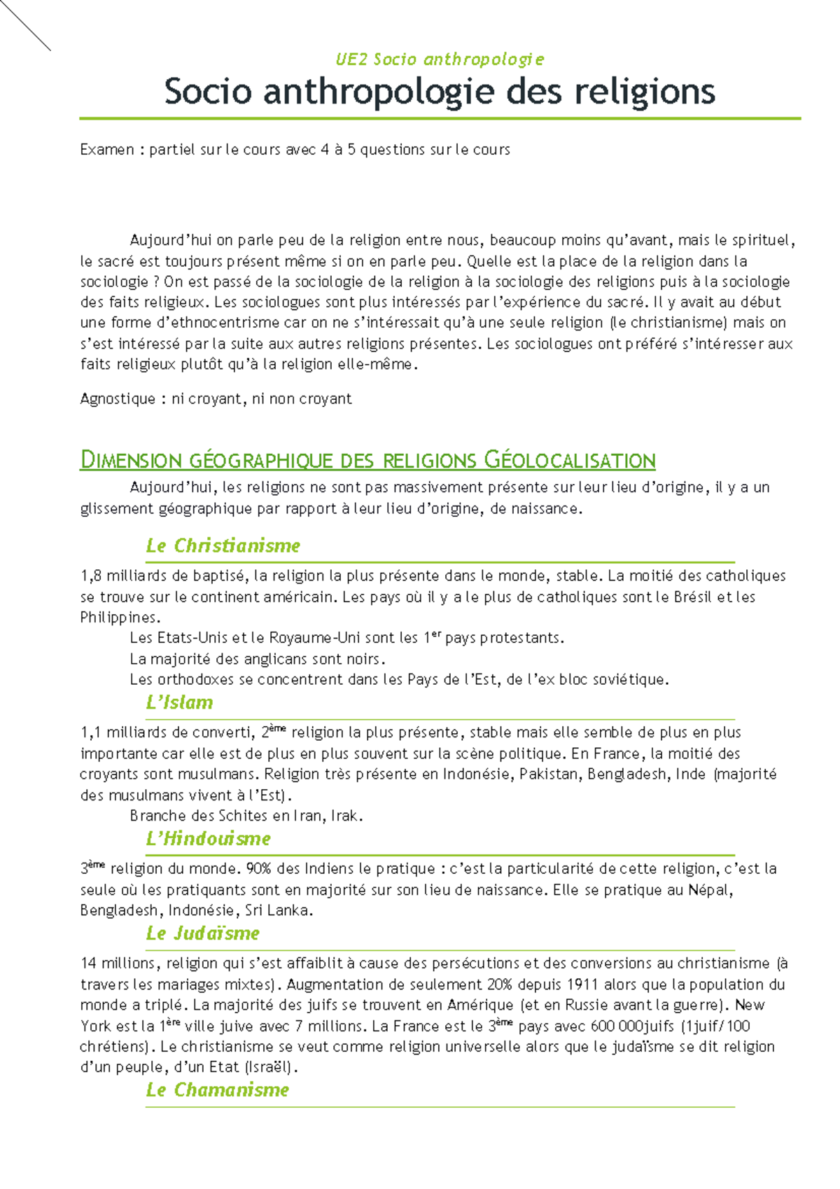 Résumé - Socio anthropologie des religion - UE2 Socio anthropologie ...