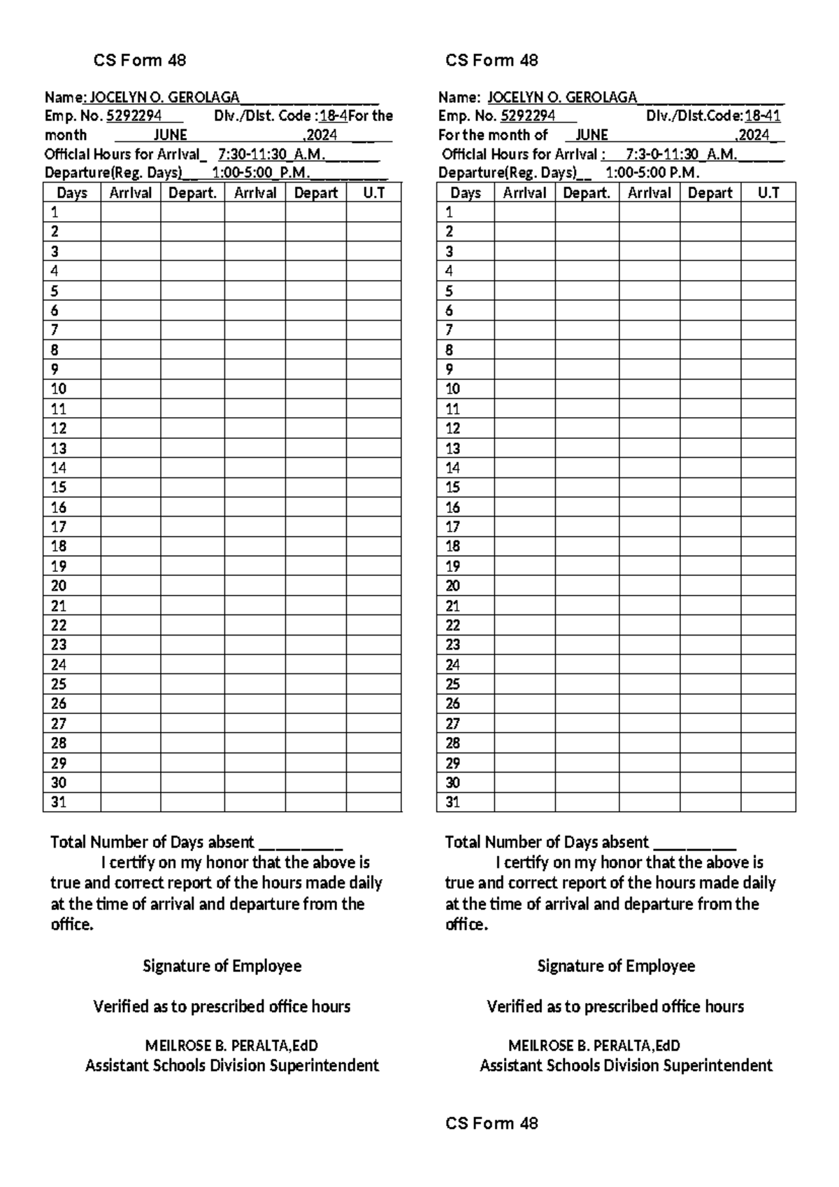 CS Form 48 - forms deped - CS Form 48 Name: JOCELYN O. GEROLAGA ...