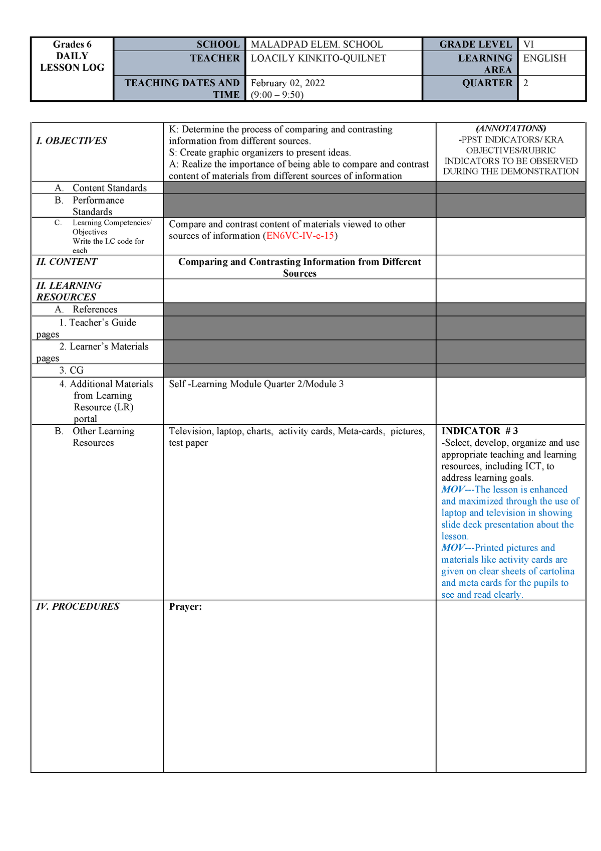 Lesson PLAN COT 2020-2021 English 4 - Grades 6 DAILY LESSON LOG SCHOOL ...