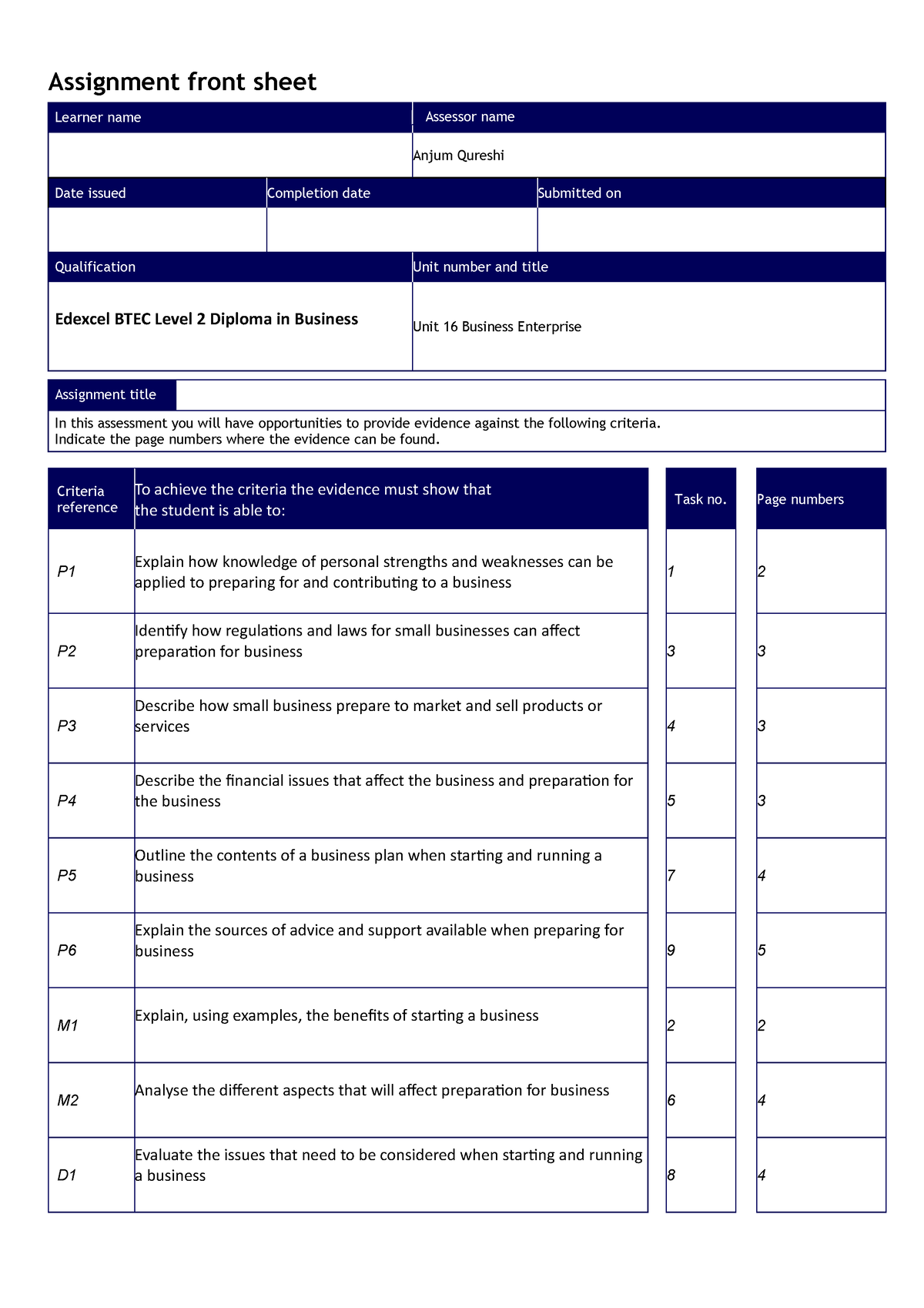 Assignment Brief - Tasks - Unit 16 online - Assignment front sheet ...