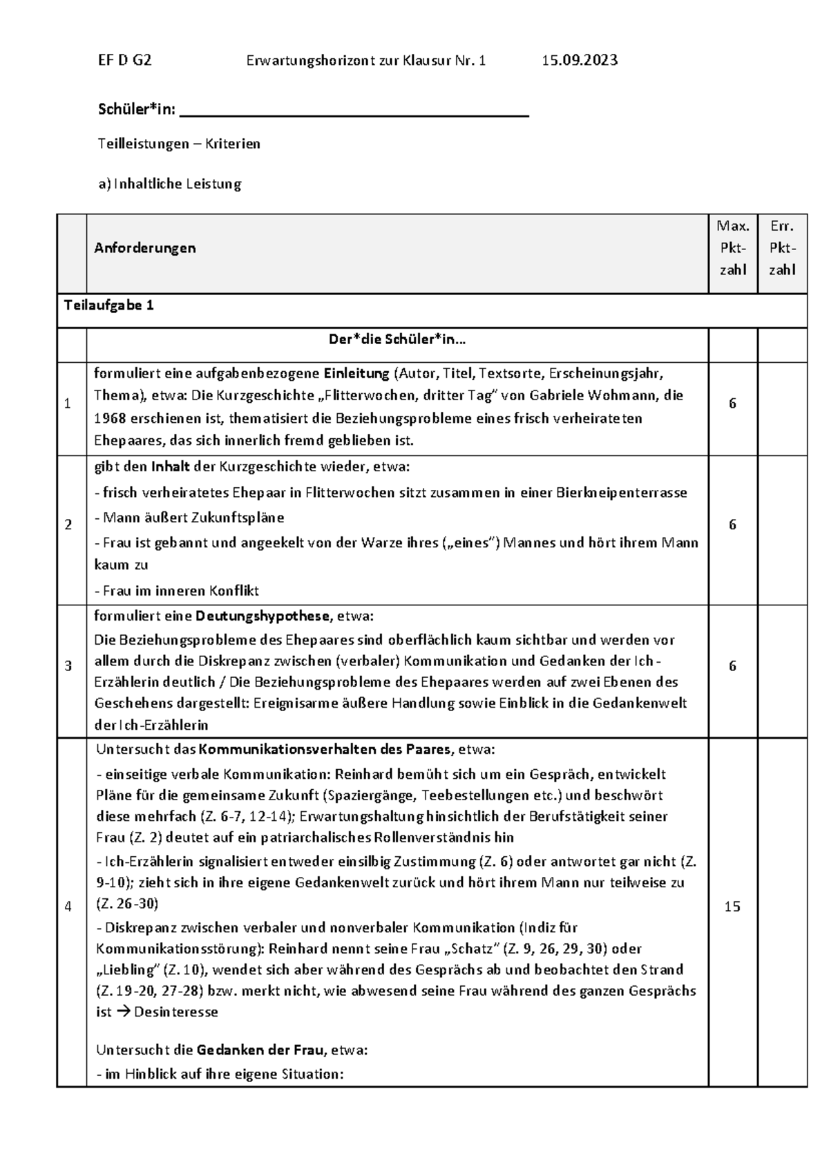 Flitterwochen Dritter Tag Analyse EF - Klausur 1 Flitterwochen dritter Tag EWH - Schülerin