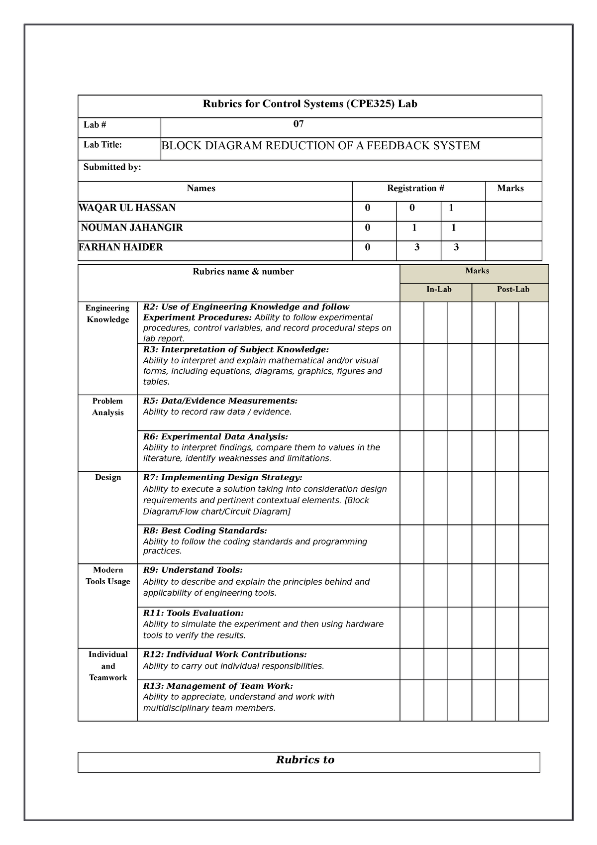 Vicky LAB 7 Control - practice - Rubrics for Control Systems (CPE325 ...