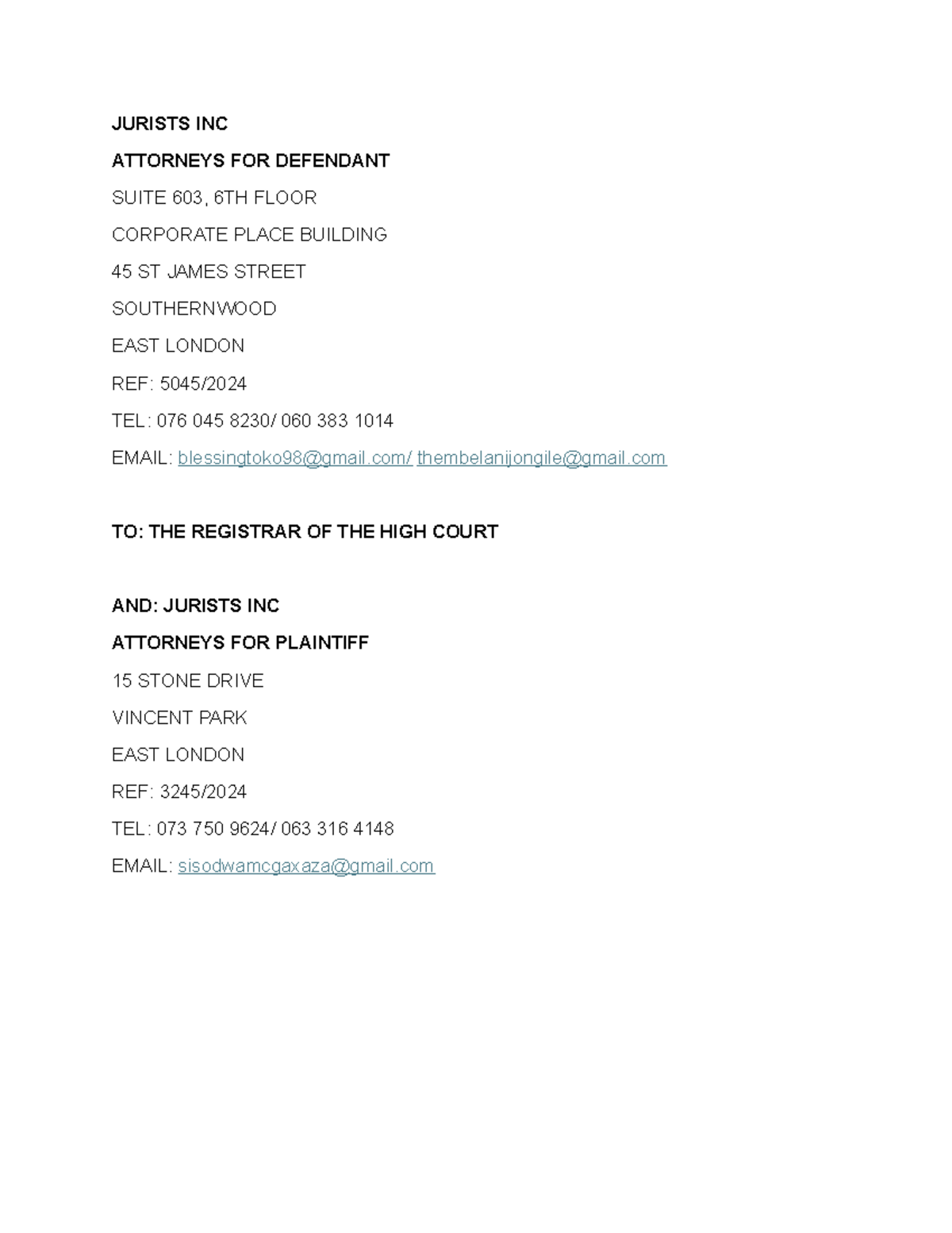 Return of service civil LEC411E JURISTS INC ATTORNEYS FOR