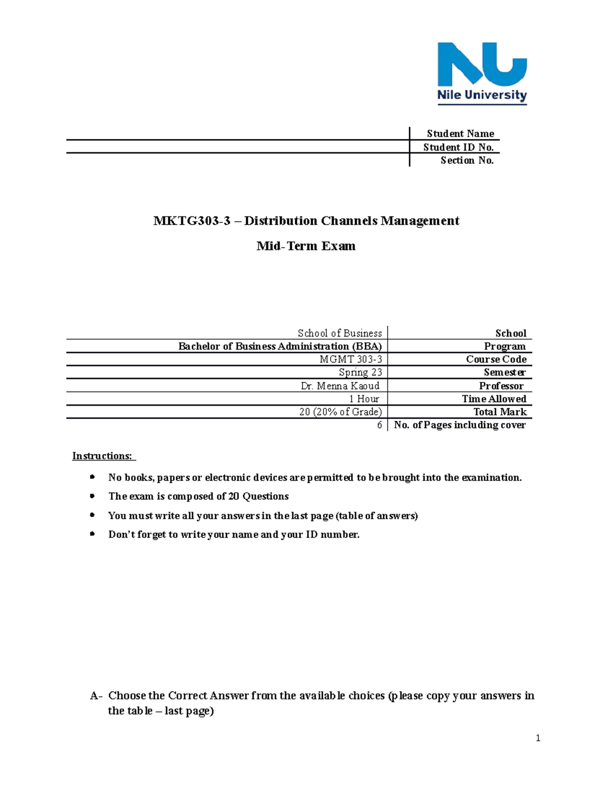 MKTG303 - Mid Term Exam -Model Answer - MKTG303-3 – Distribution ...