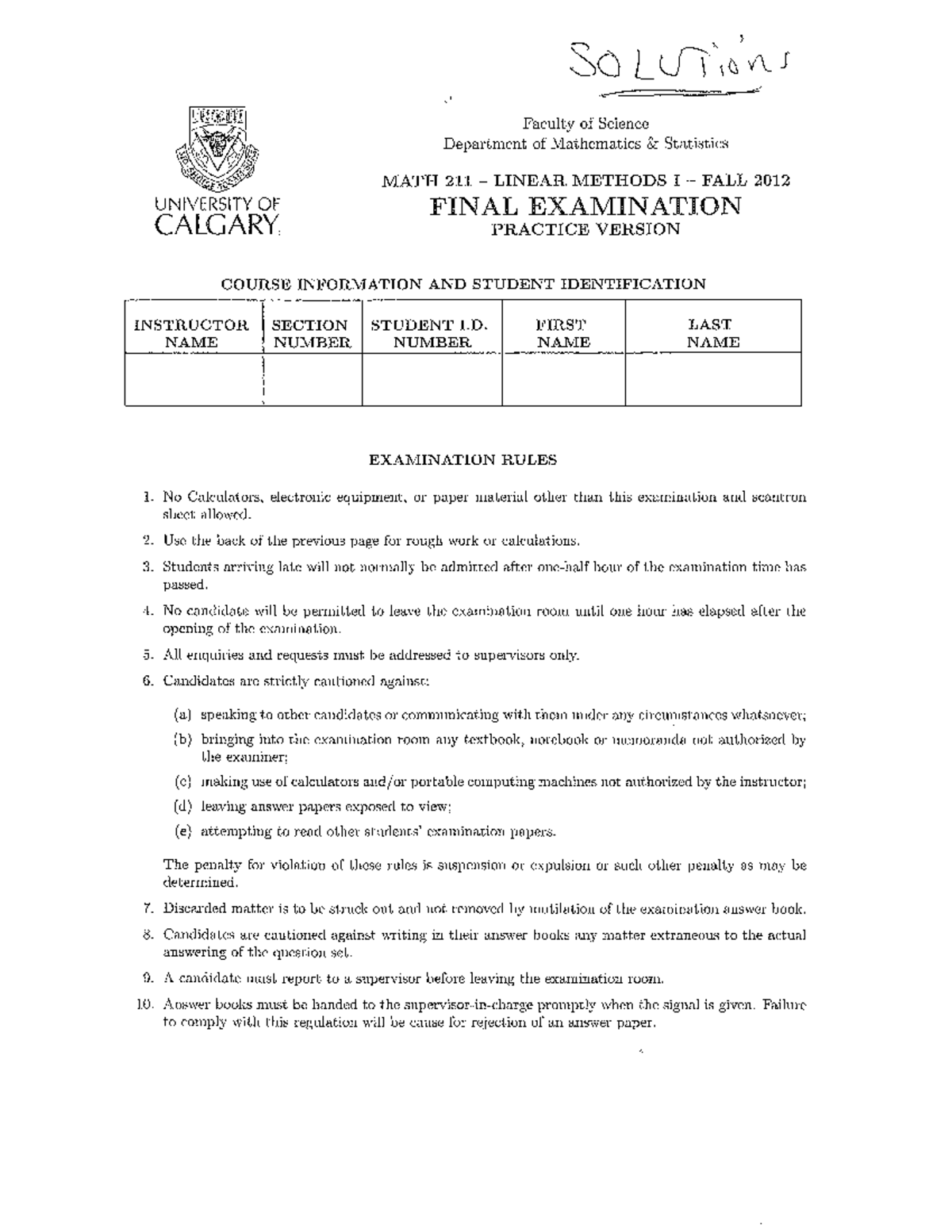Sample/practice exam December 2012, questions and answers - MATH 211 ...