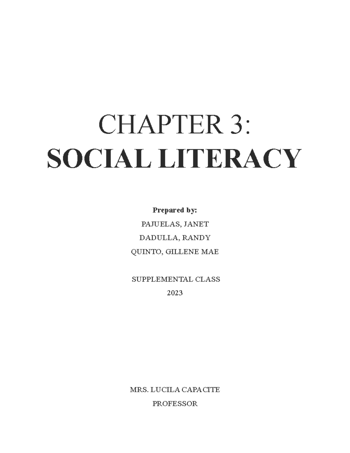 Social Literacy Lesson PLAN CHAPTER 3 SOCIAL LITERACY Prepared by