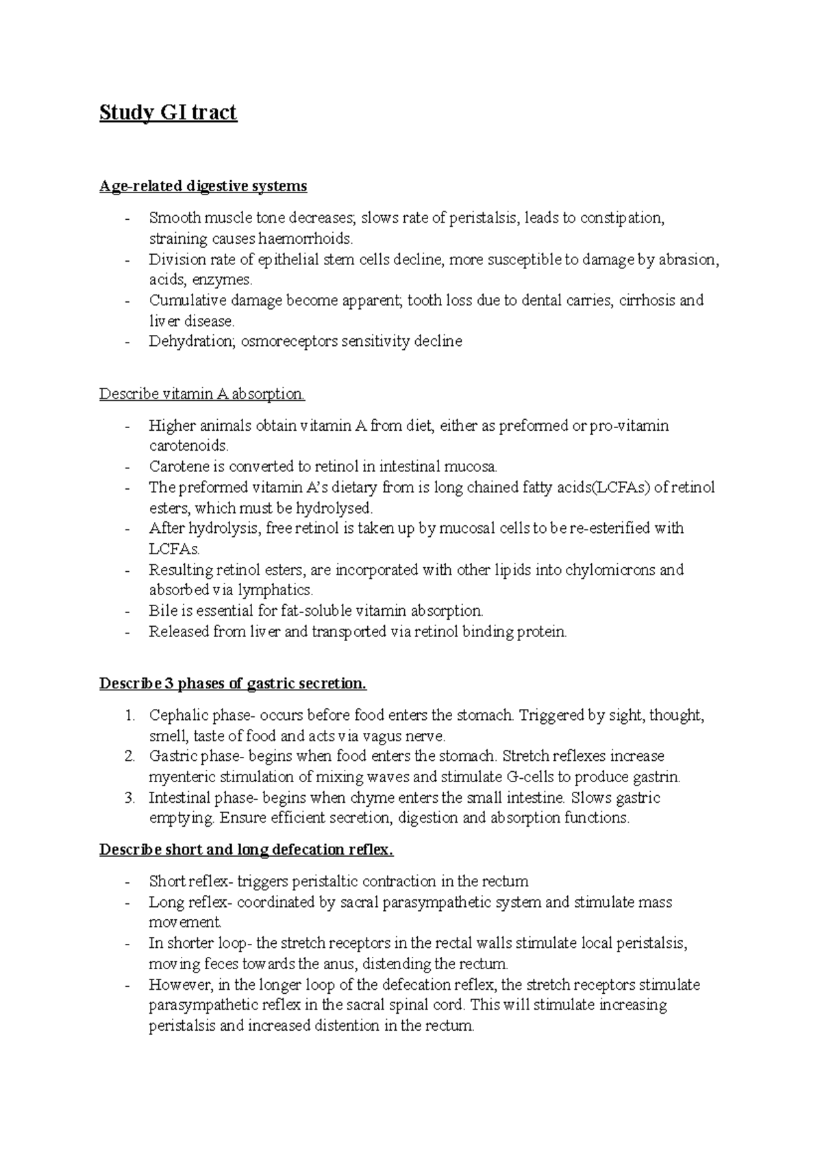 Study GI tract age related symptoms, absorption, positive feedback