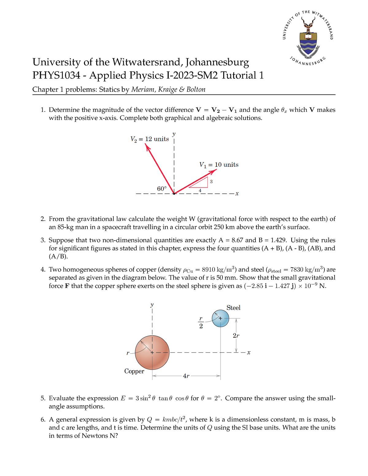 PHYS1034 Tutorial 1 2023 - PHYS1000 - Wits University - Studocu