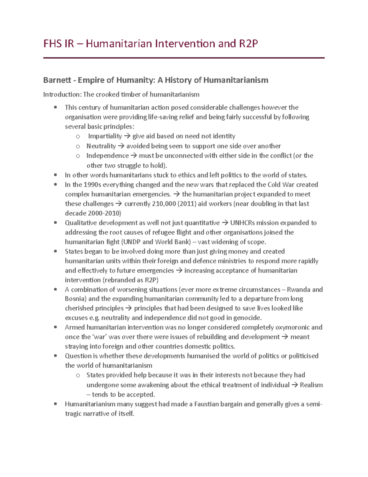 R2P and Humanitarian Intervention - FHS IR – Humanitarian Intervention ...