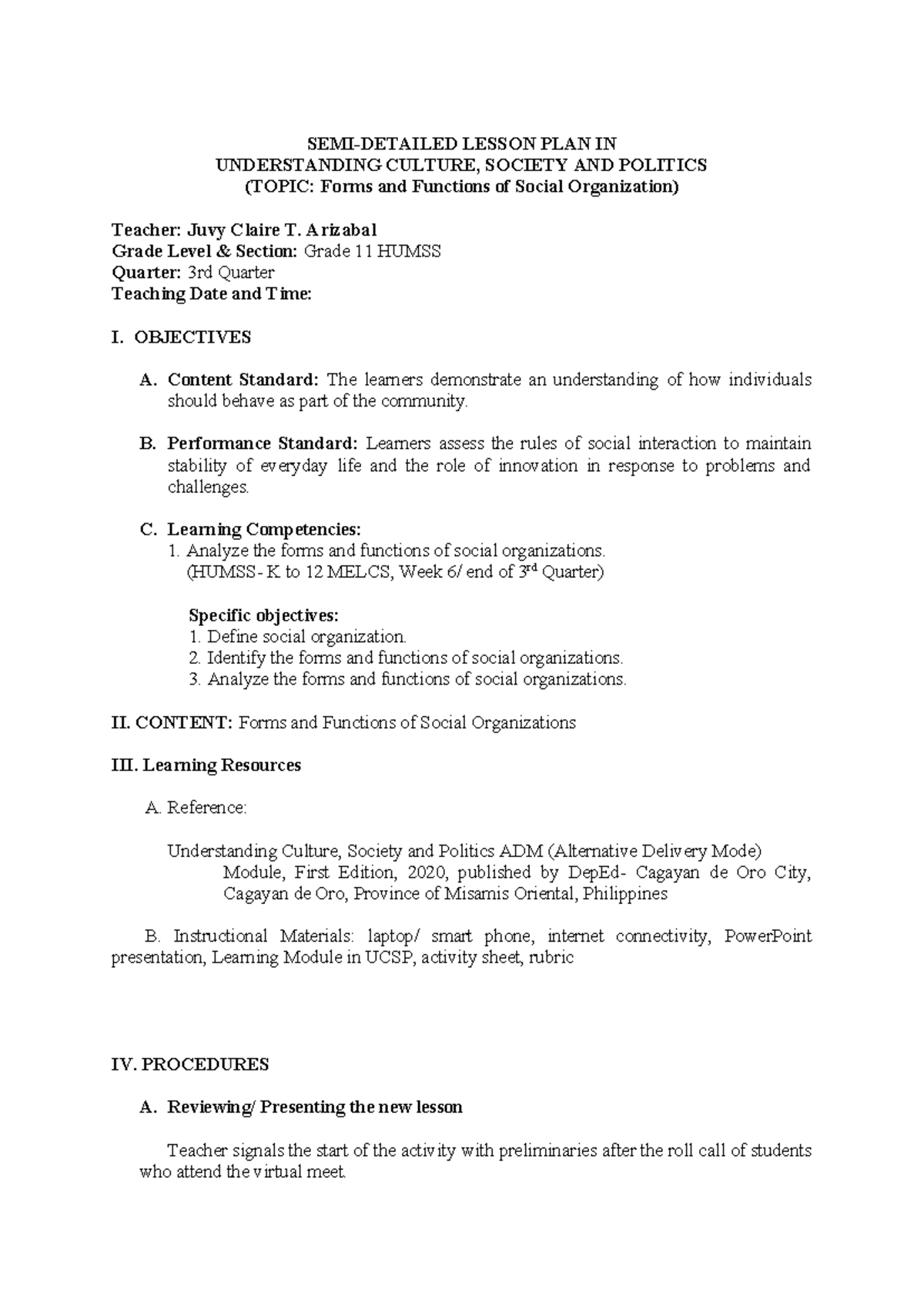 UCSP Lesson PLAN Class Observation - SEMI-DETAILED LESSON PLAN IN ...