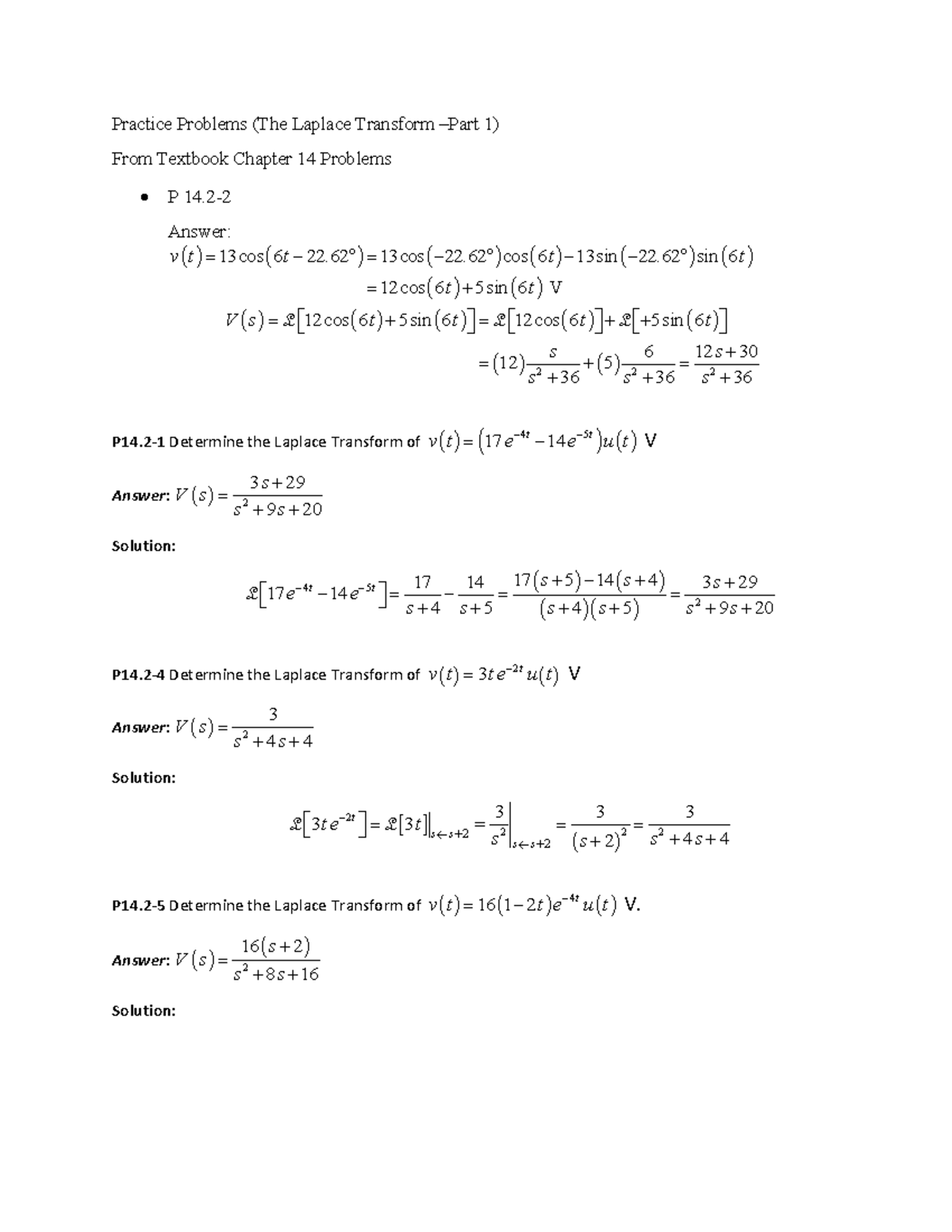 Practice Problems (The Laplace Transform-Part 1) - 3 s 4s 4 2 16 32 16 ...