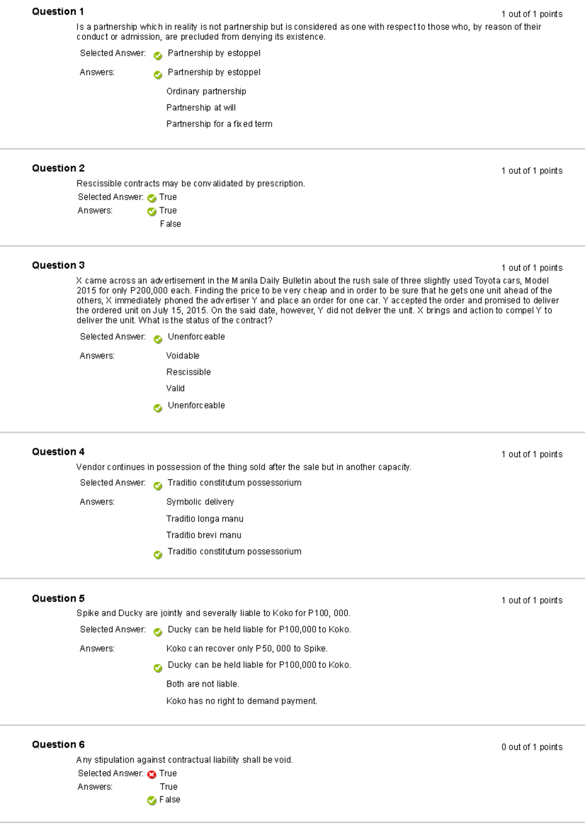 Law 2nd Compre - Question 1 Selected Answer: Answers: Is a partnership ...