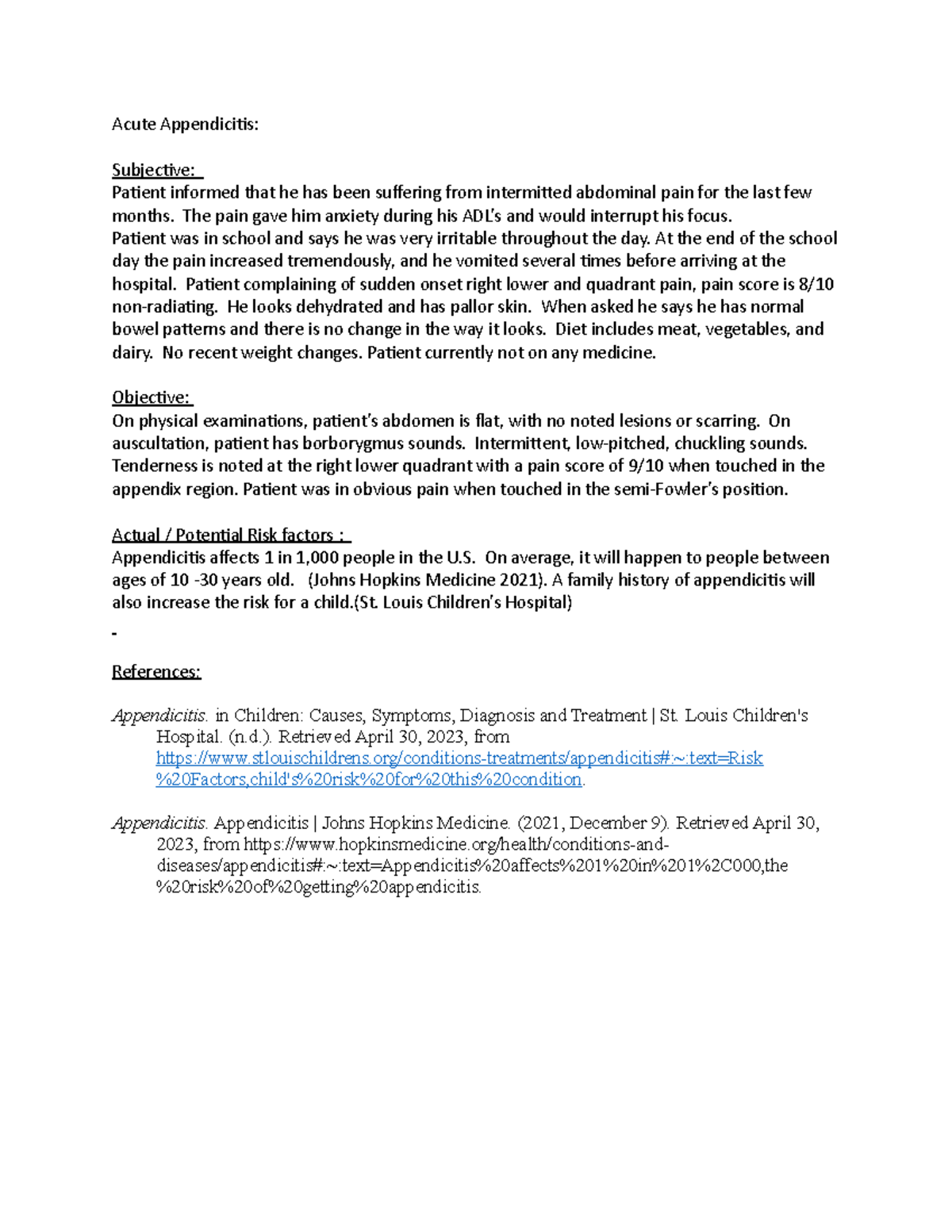 Acute Appendicitis - Module 4 lab assesment - Acute Appendici琀椀s ...