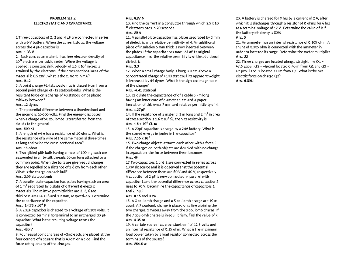 Problem Set 2 Electrosatatic and Capacitance - PROBLEM SET 2 ...