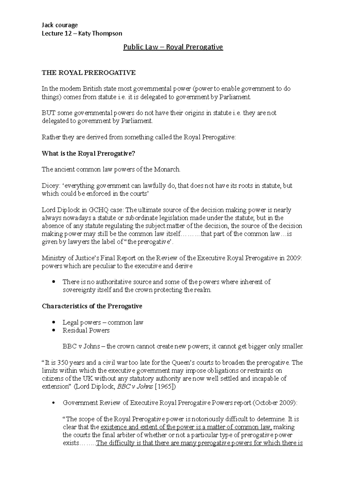 Royal prerogative - Lecture 12 – Katy Thompson Public Law – Royal ...