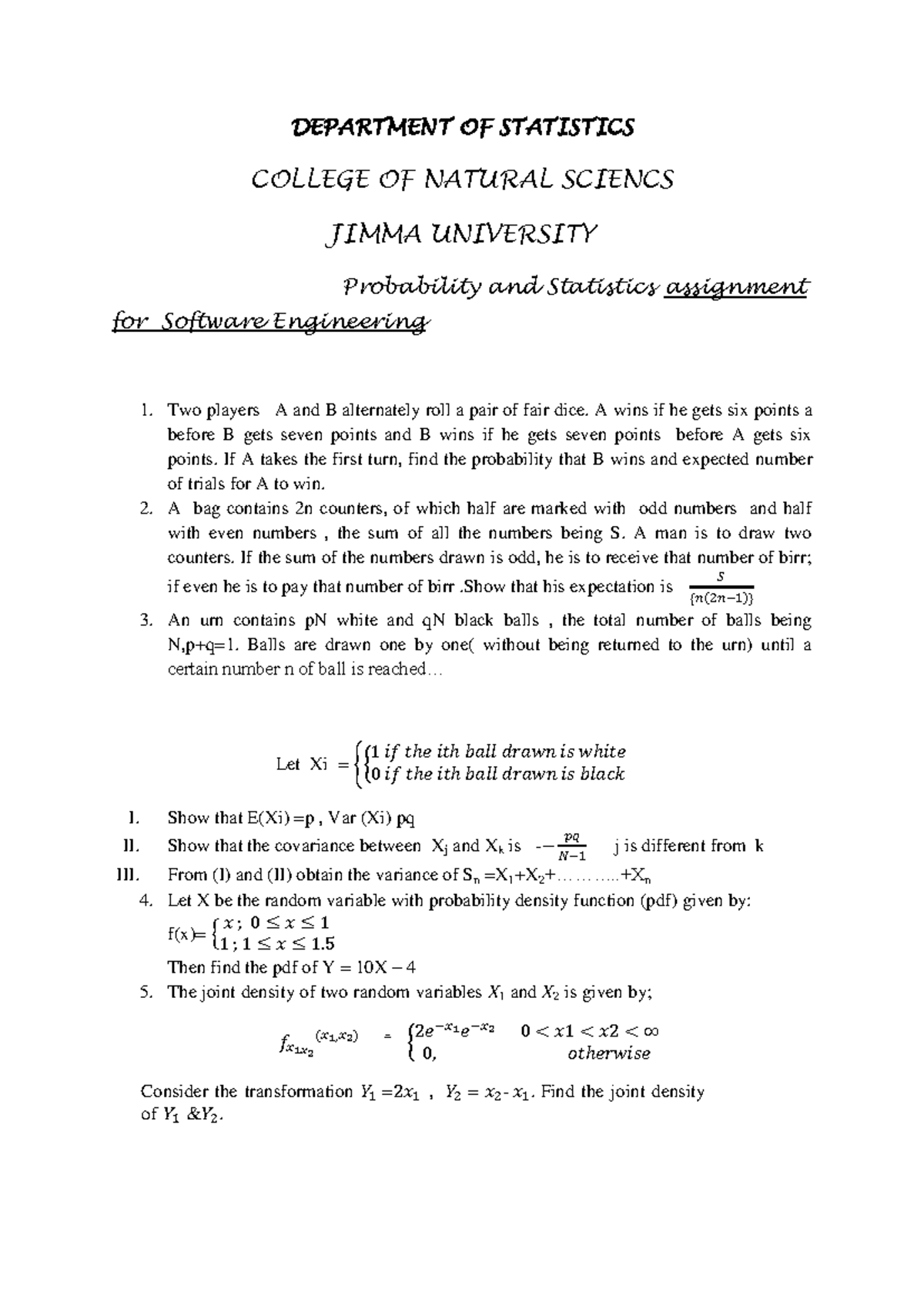Assingnment Probability - DEPARTMENT OF STATISTICS COLLEGE OF NATURAL ...