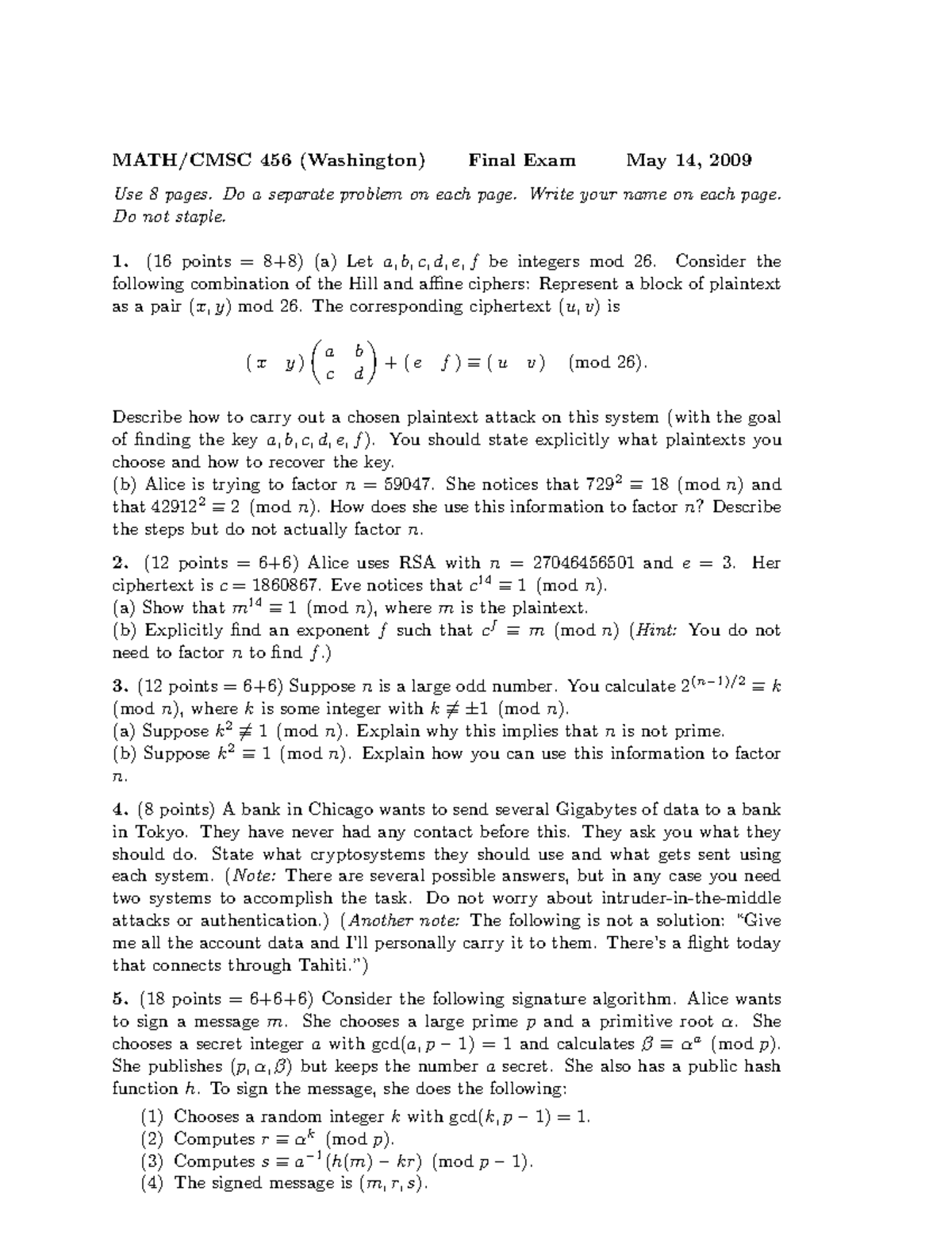 456F09 - MATH/CMSC 456 (Washington) Final Exam May 14, 2009 Use 8 Pages ...