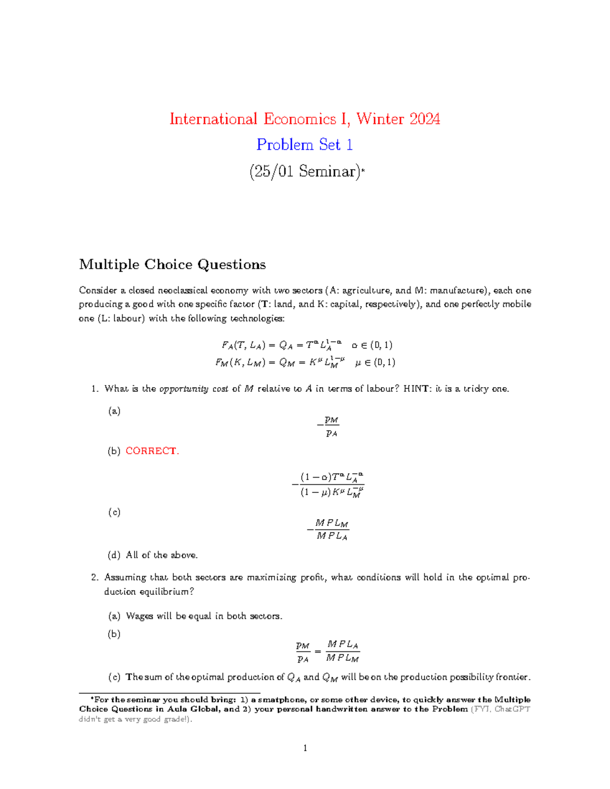 PS1 Solutions - International Economics I, Winter 2024 Problem Set 1 ...