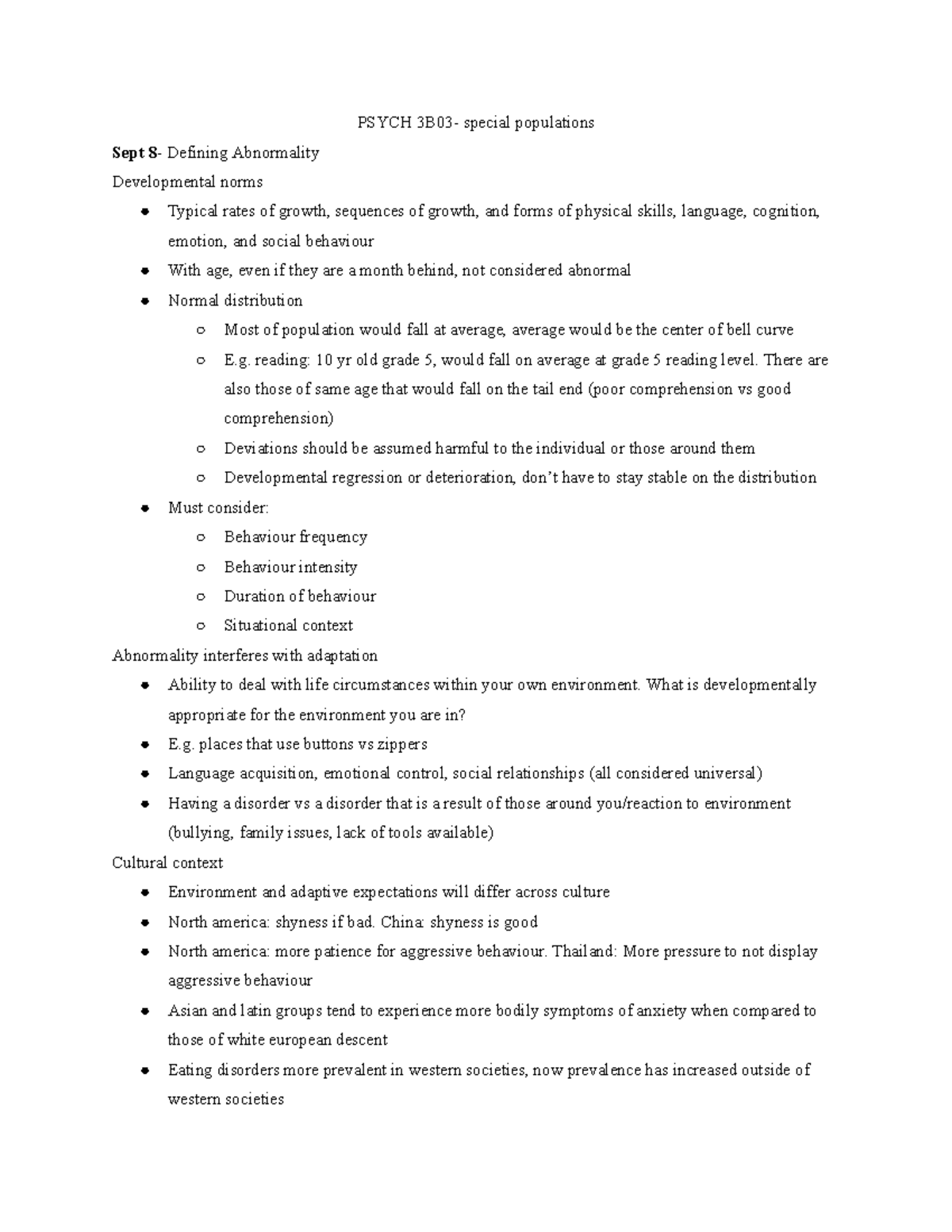 Psych 3B03 special populations PSYCH 3B03 special populations Sept