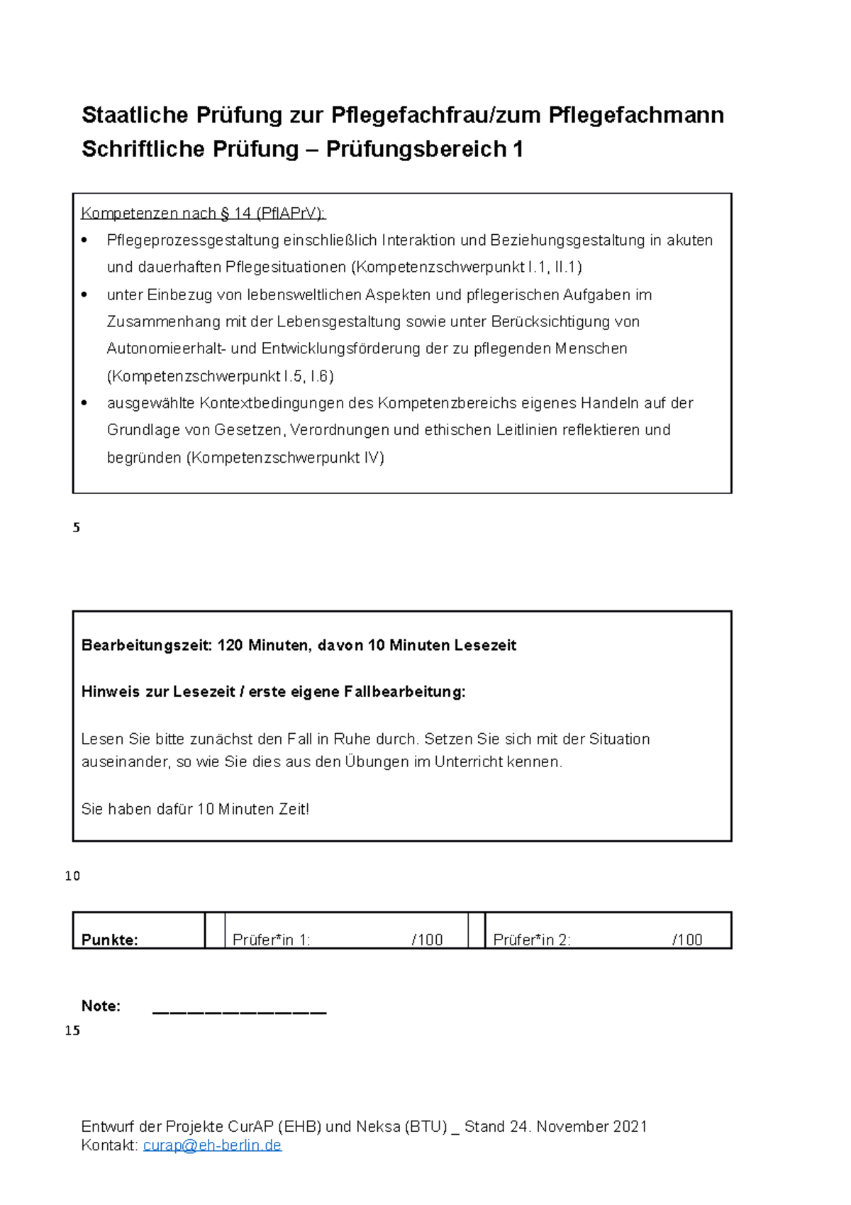 Examen Pflege Schriftliche Prüfung Tag 1 Beispiel Musterklausur 1 Lehrende mit EH - Staatliche Prüfung zur Pflegefachfrau