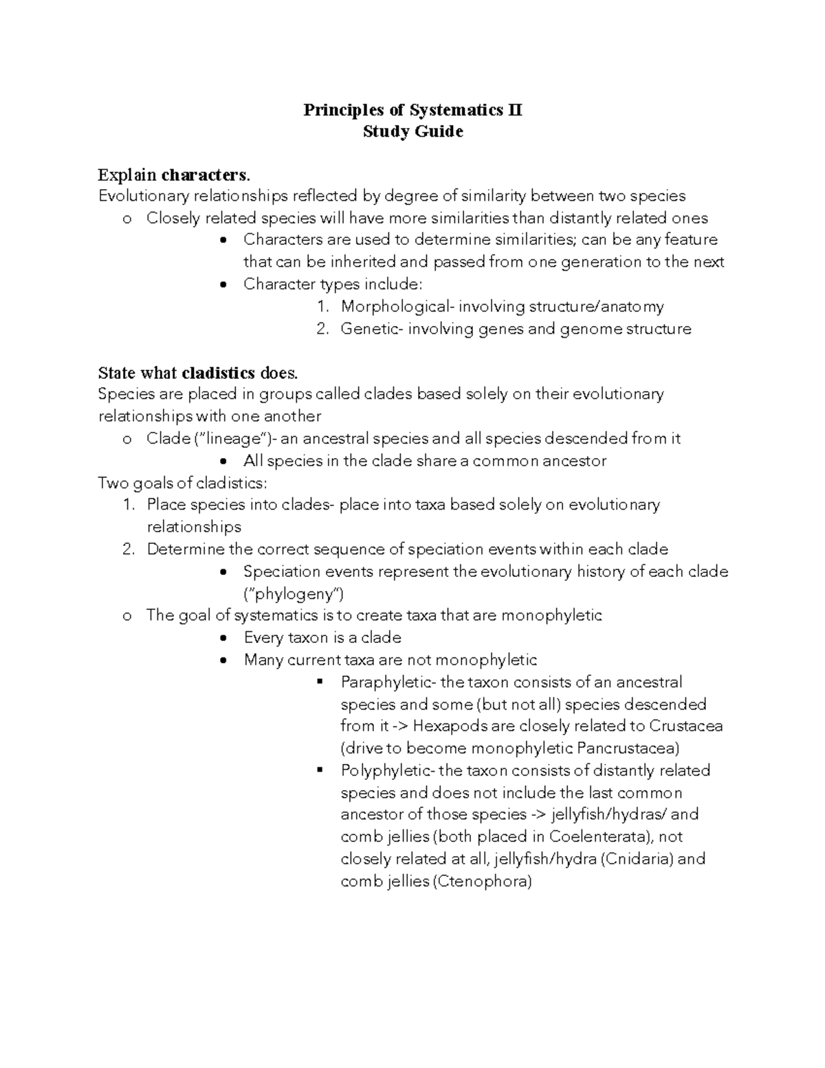 Pof Systematics Part 2 - Principles of Systematics II Study Guide ...