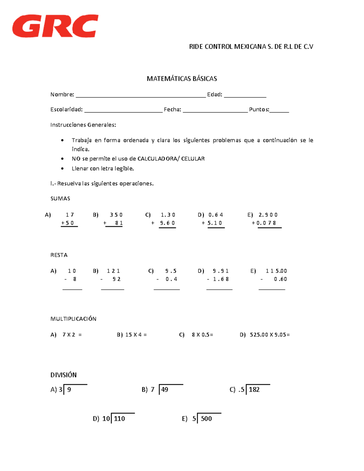 Examen DE Matematicas 2023 RIDE CONTROL MEXICANA S. DE R DE C