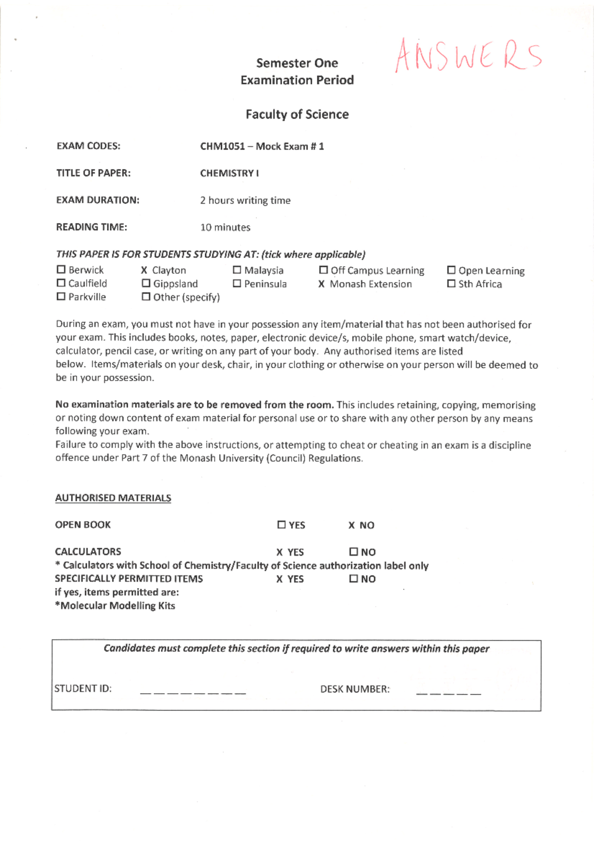 CHM1051 Mock exam paper answers CHM1011 Studocu