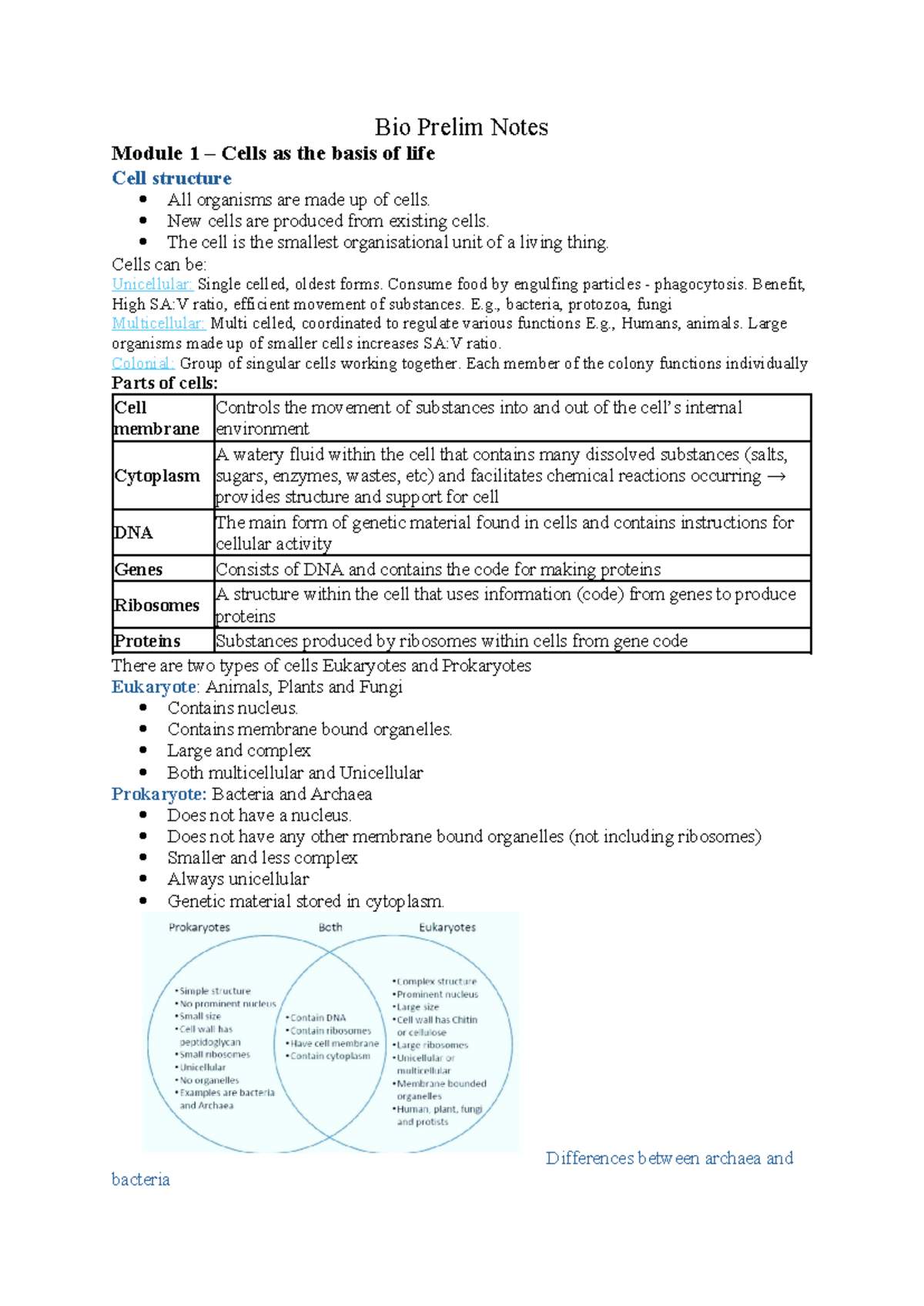 Bio Prelim Notes - Bio Prelim Notes Module 1 – Cells as the basis of ...
