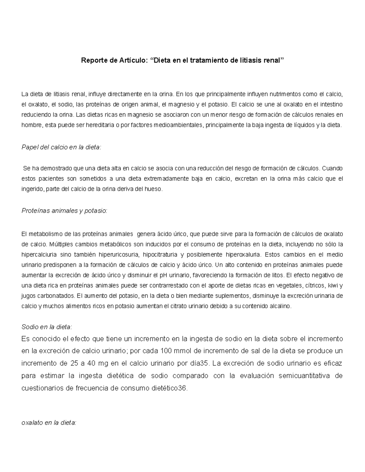 litiasis renal y dieta