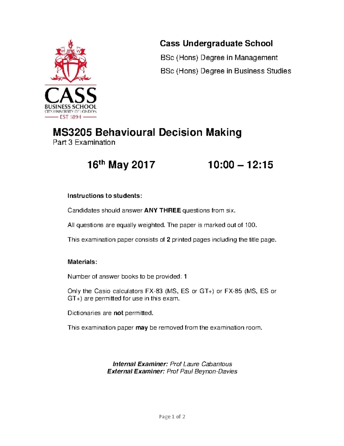 Behavioural Decision Making Exam Paper 2017 Cass Undergraduate
