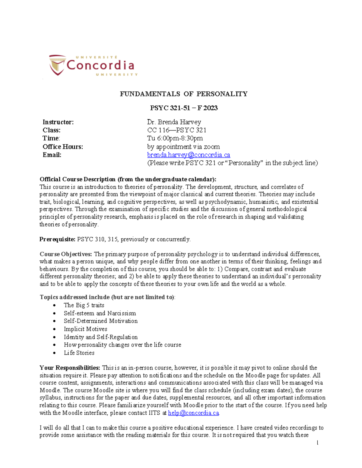 PSYC 321 51 FALL 2023 Syllabus - FUNDAMENTALS OF PERSONALITY PSYC 321 ...