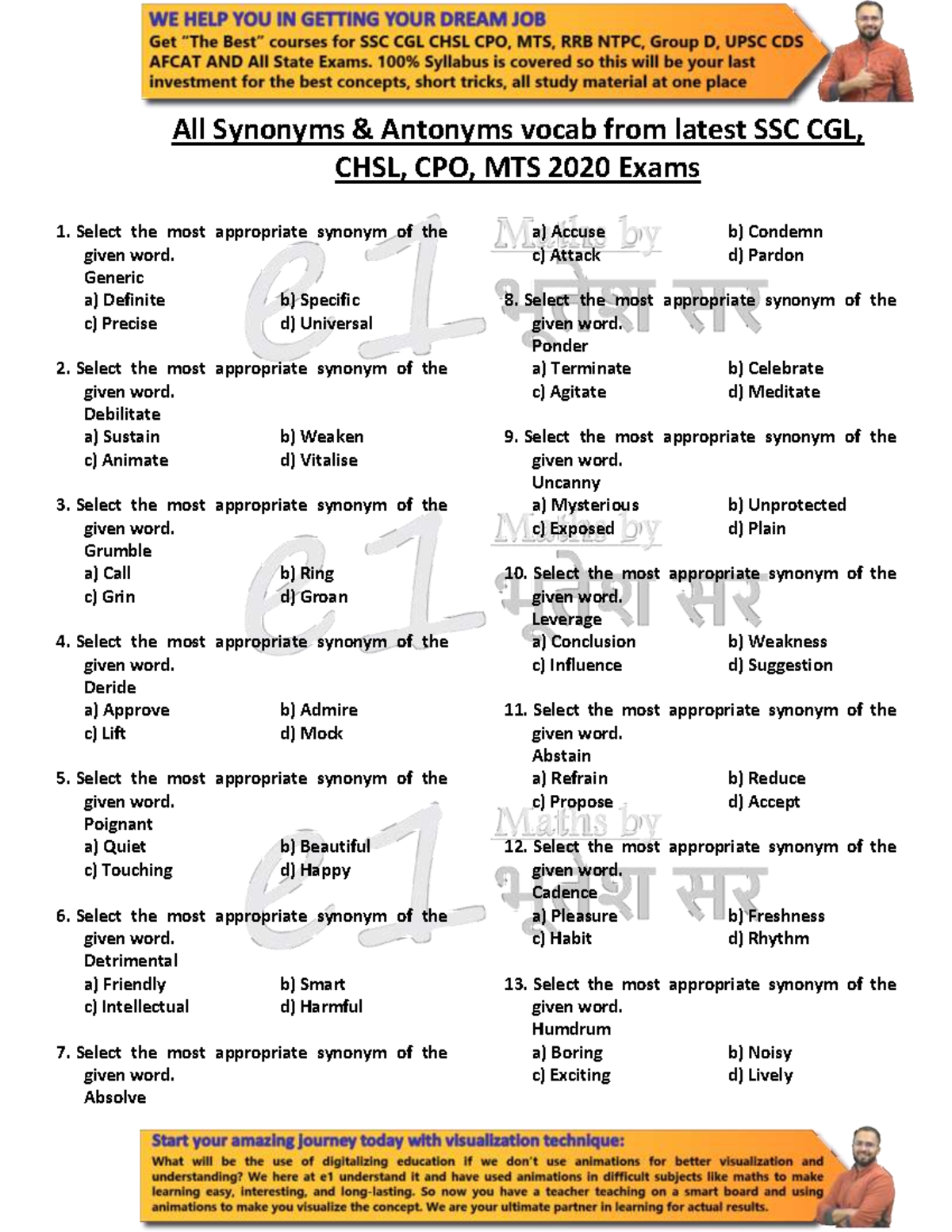 Synonyms and Antonyms for SSC CGL and other competitive exams.