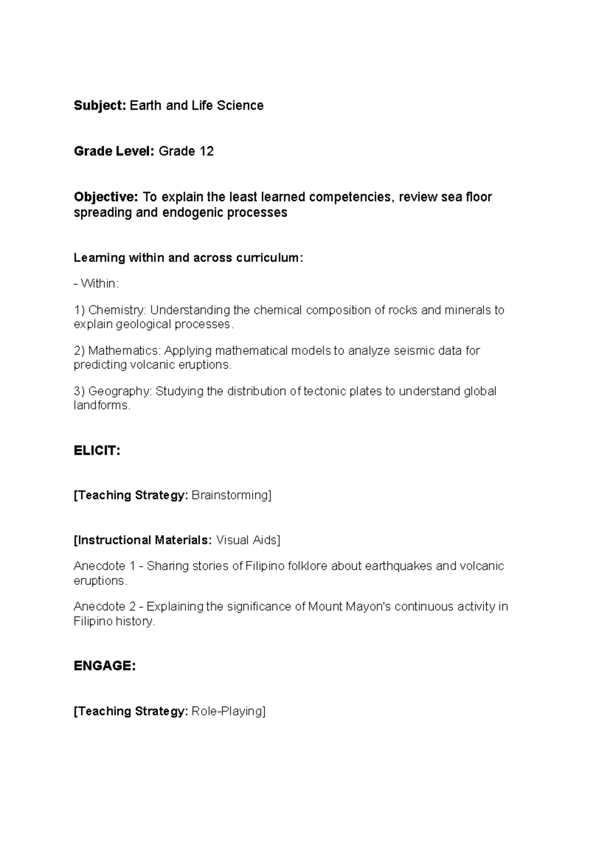 Lesson plan (15) this will help you Subject Earth and Life Science