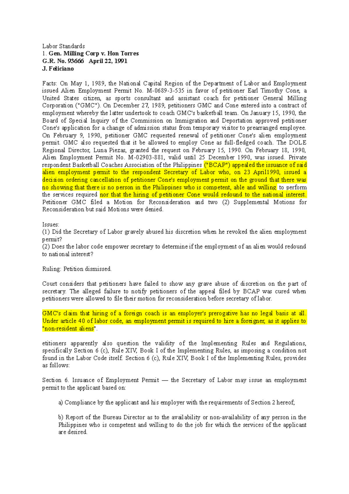 Case Digests in Labor Standard - Labor Standards Gen. Milling Corp v ...