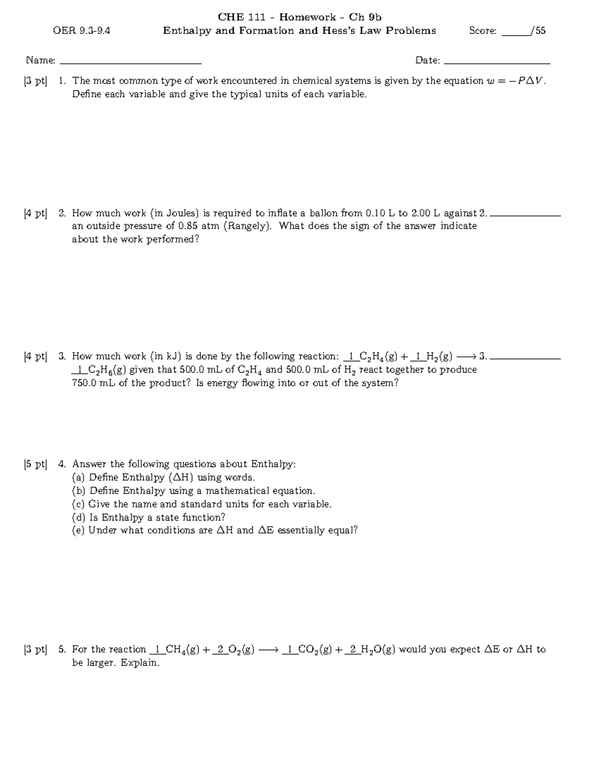 CHE111 HW 9b - practice - OER 9-9. Enthalpy and Formation and Hess’s ...