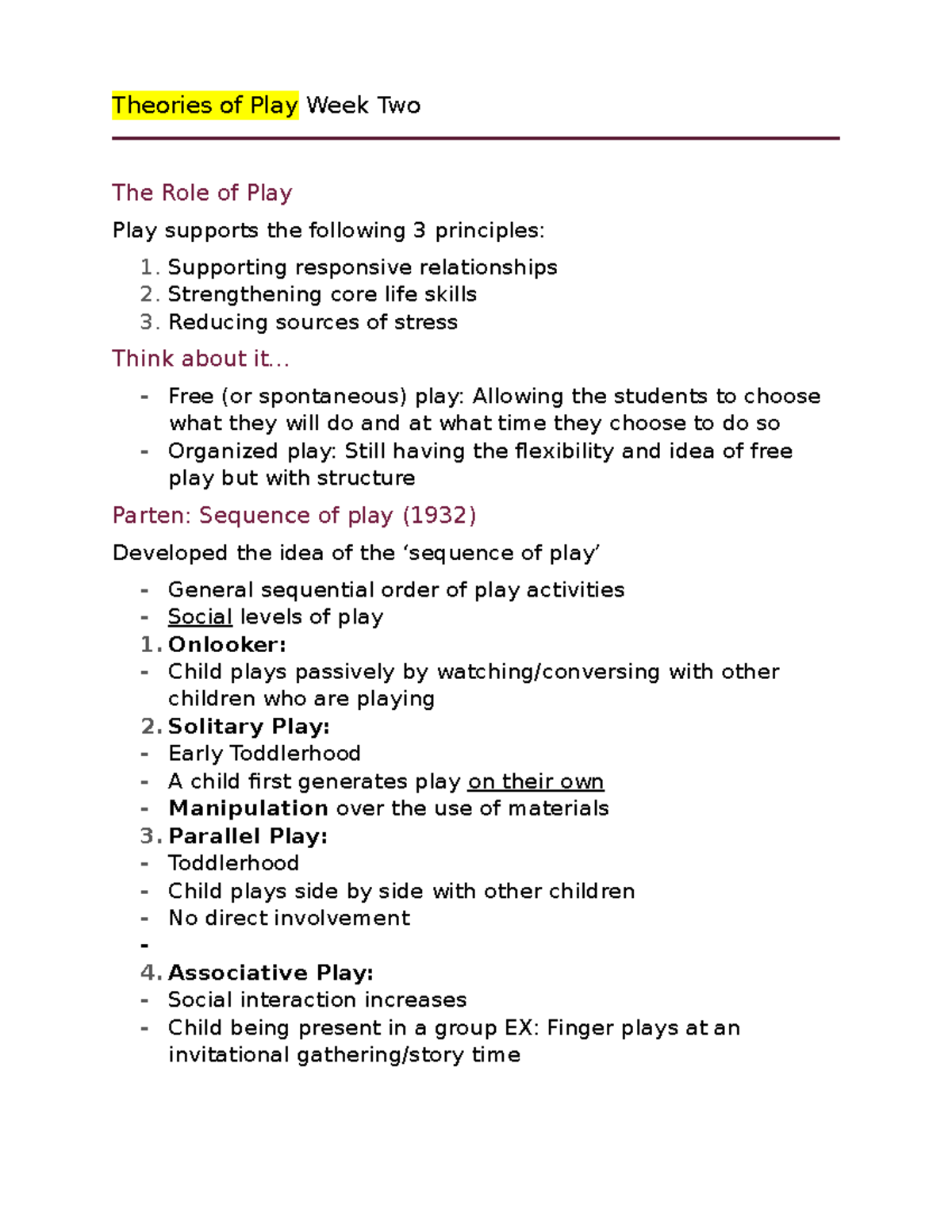 Theories of Play Week Two Pt2 Theories of Play Week Two The Role of Play Play supports the