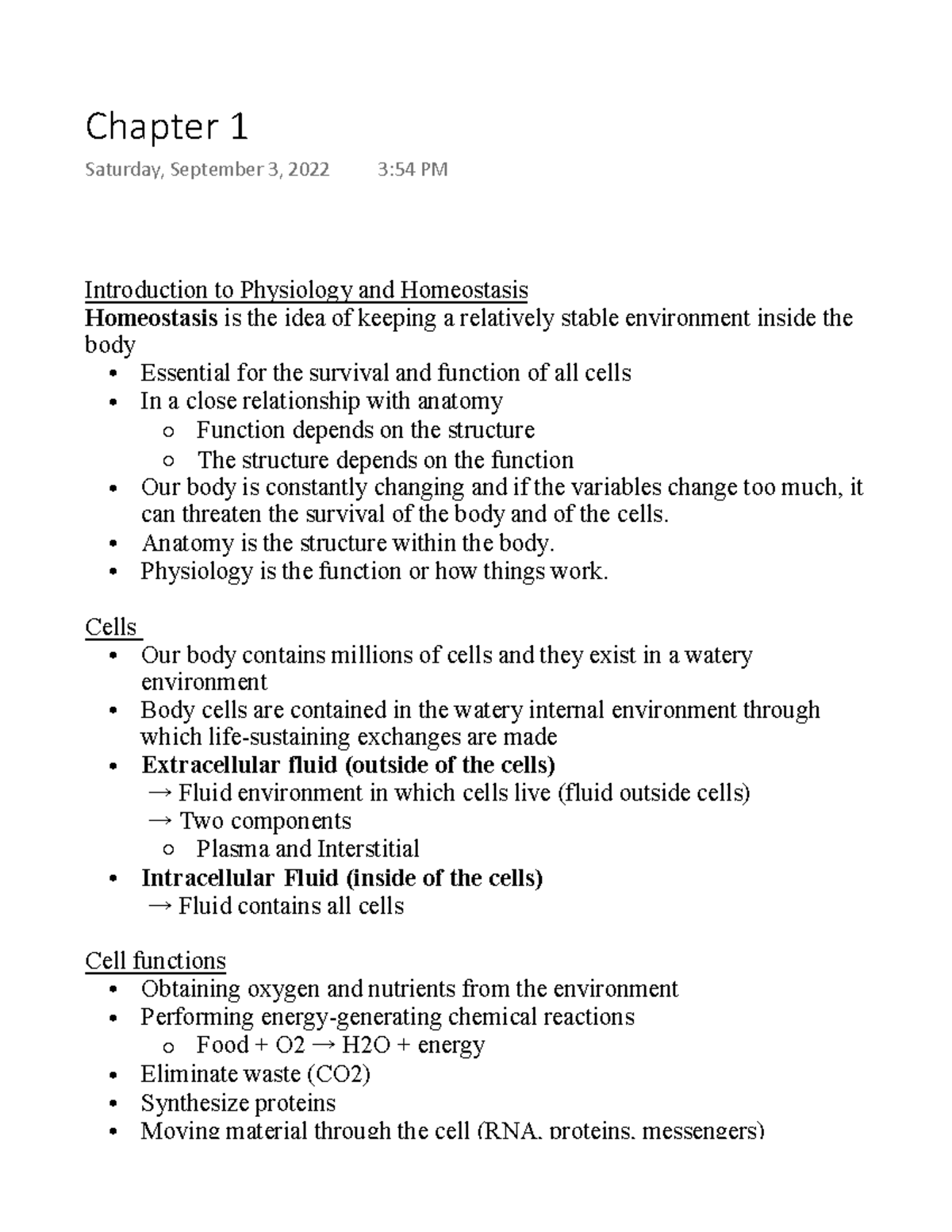 Bio 270 - Chapter 1 - Introduction To Physiology And Homeostasis 