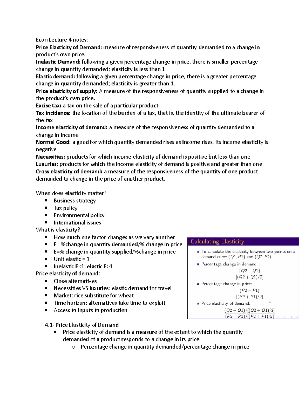 Econ Lecture 4 notes - Econ Lecture 4 notes: Price Elasicity of Demand ...