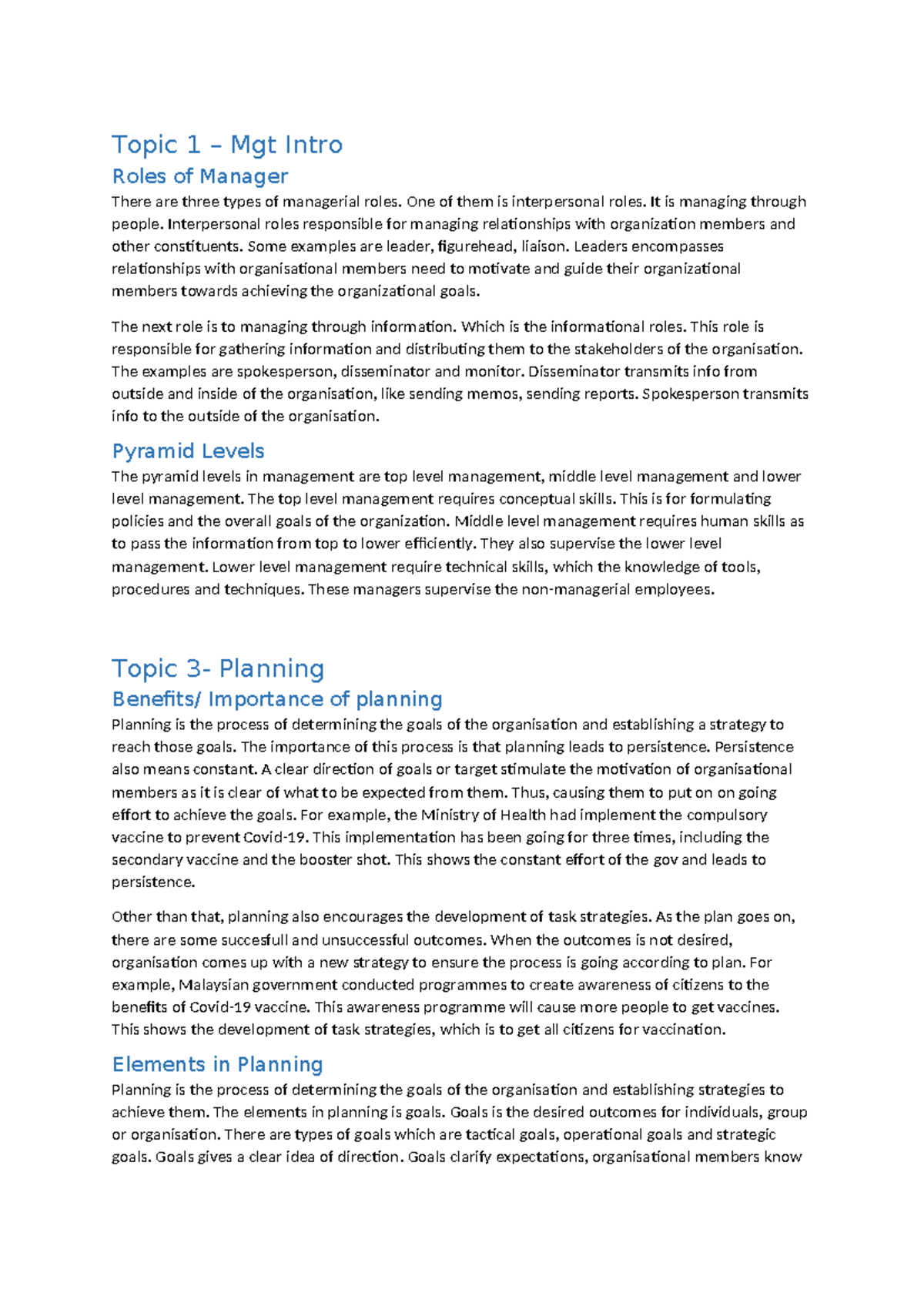 Short Essay Past Year - Topic 1 – Mgt Intro Roles of Manager There are ...