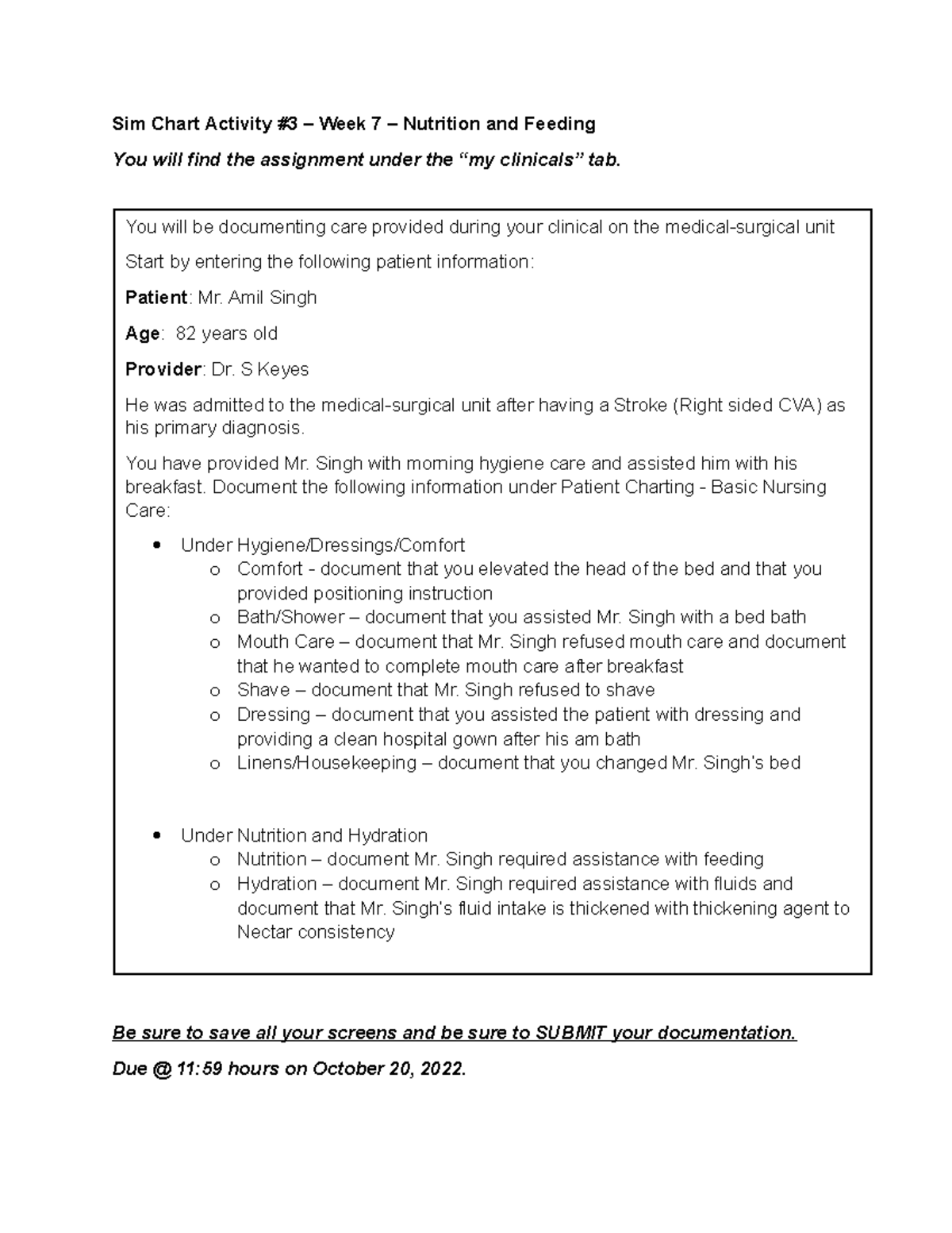 Sim Chart Activity #3 (13) - Sim Chart Activity #3 – Week 7 – Nutrition ...
