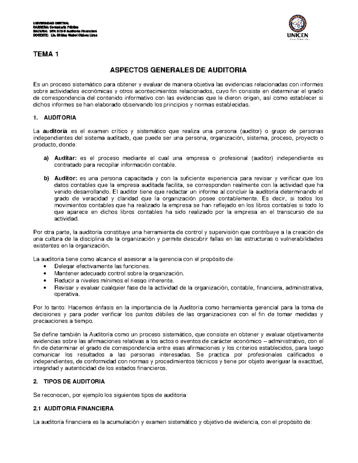 TEMA 1 Aspectos Generales DE Auditoria - Auditoria Interna - UTB - Studocu