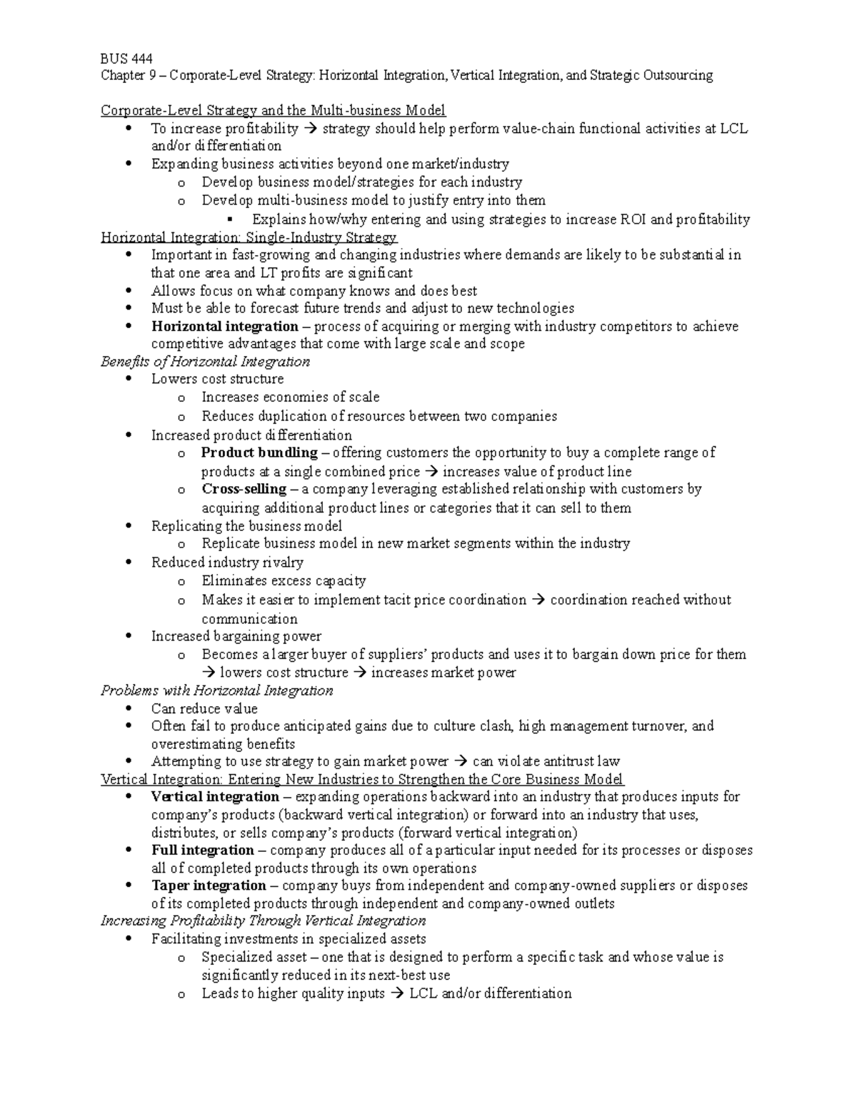 Chapter 9 - BUS Chapter 9 Strategy: Horizontal Integration, Vertical ...