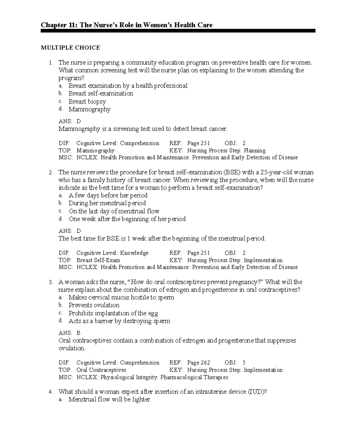 Chapter 11 Test bank - Chapter 11: The Nurse’s Role in Women’s Health ...